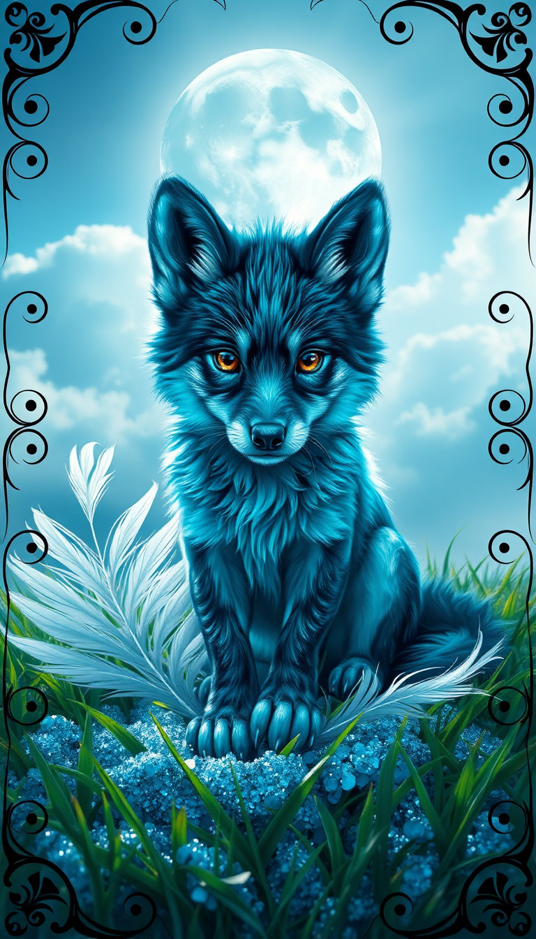 [P] A detailed, full-body portrait of a mystical spirit wolf, fully visible within the frame, possessing the curious, wide-eyed gaze and large expressive ears of a miniature canine, featuring glowing deep blue and cyan fur with intricate feathered textures. Rendered in Michelangelo perfection style, exquisite flawless form, anatomically perfect hands and feet, clean finger separation, correct fingernails. The subject is posed low in a bed of lush green grass, emerging from a base of shimmering blue glitter, white and deep teal feathers, and a large, central peacock plume. The environment features a soft cyan and pale blue sky, a dark mandala moon disk in the upper left, and elegant dark filigree scrollwork framing the corners. Centered composition, hyper-realistic magical digital painting style. Volumetric god rays, rim lighting, Hasselblad X2D 100C, 50mm lens, ISO100, f/1.8. 8k, 16k, ultra high resolution, crisp sharp focus, gallery grade, poster-size print quality. --ar 9:16 --style raw --q 2 [N] blurry, lowres, artifacts, bad anatomy, extra limbs, extra fingers, mangled hands, out of frame, watermark, logo, text, duplicate subject, poorly rendered eyes, flat textures, simple colors, chaotic composition, multiple wolves, cartoonish look, pixelation, disconnected head, simplified mandala, missing filigree