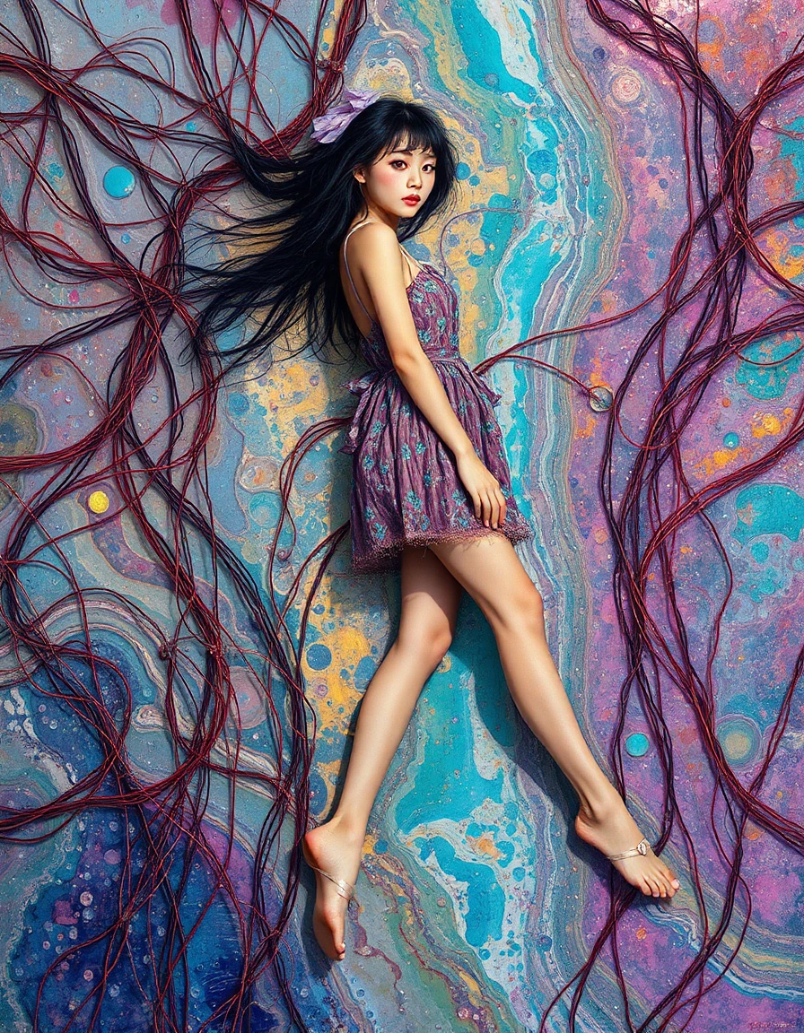 a vibrant, young japanese woman merges with weathered metal wires and filaments, set within a dreamscape infused with the fluid dynamics of luminous, translucent alkyd paint: vibrant, syrupy paints spreading, merging, and reacting with each other and the surface to create intricate, cell-like textures and bloom effects reminiscent of geological agate; her long legs stretch across the composition as metallic inks add deep, lustrous accents, infusing the scene with a rich, smooth sheen and an ethereal, dreamlike quality; yet, a closer look reveals the surrounding metallic world transformed into a vast, wet expanse of **fresh morning dew**, its tenderly smooth surface clinging to the fibers and tangled filaments like glistening beading, a tactile sensation inviting the viewer to sink their fingers into the intricate, woven layers, the overall mood now that of a serene and captivating stillness where the boundaries between dream and reality blur, enveloped in a soothing, dew-kissed aura as the woman's luminescent figure dissolves into the glossy texture, her presence felt rather than seen, with highlights adding a subtle sheen to the scene, suggesting the delicate balance between vulnerability and resilience in this fragile, crystalline landscape of glistening surfaces and smooth, metallic shards.