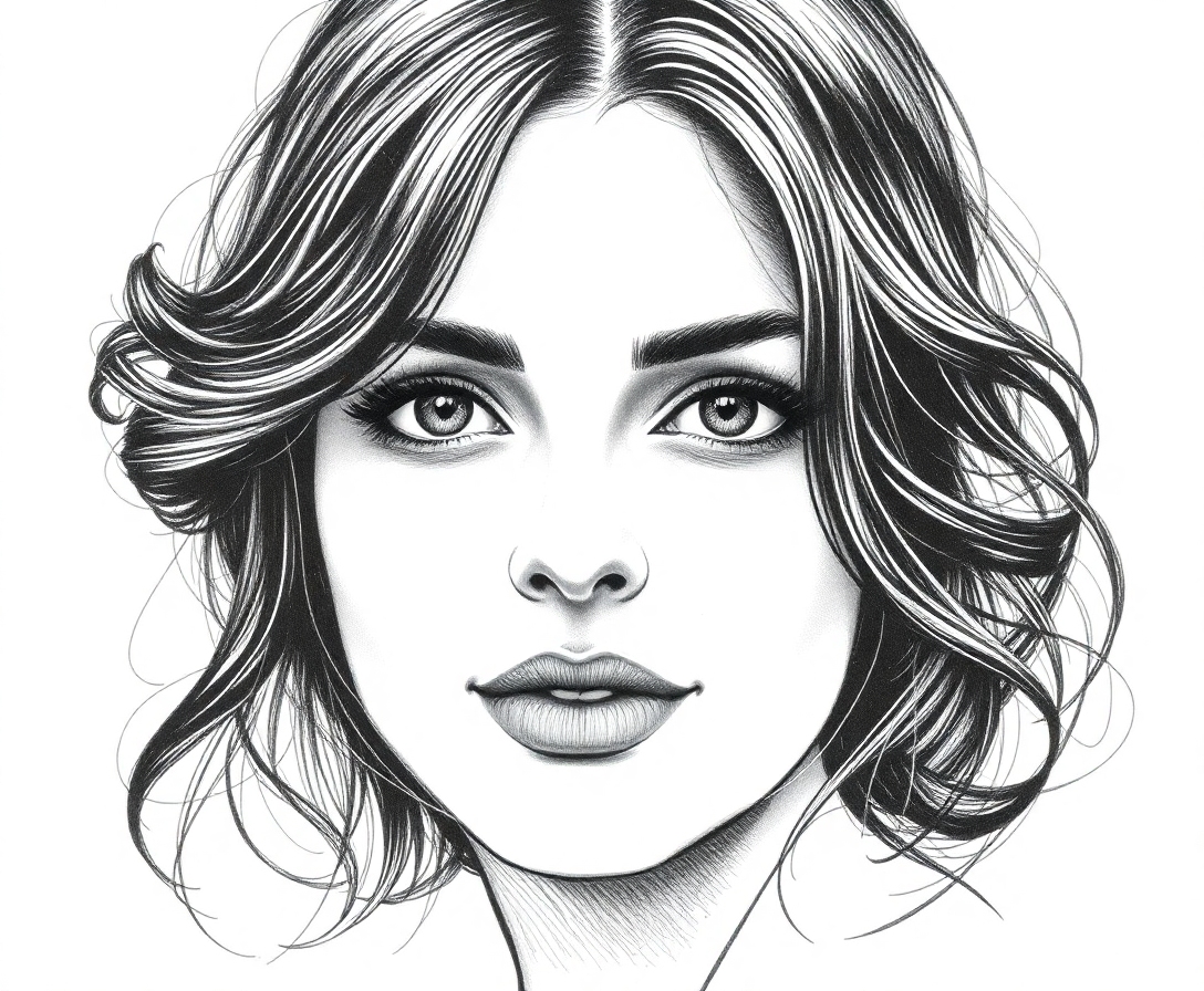 disegna il volto di una bellissima ragazza bruna Realizza un ritratto in uno stile di illustrazione a inchiostro bianco e nero, caratterizzato da un tratteggio incrociato (cross-hatching) estremamente preciso e dettagliato, tipico dell'incisione classica. Linee sottili e fitte definiscono le ombre, i volumi e i contorni, creando un forte contrasto con lo sfondo bianco puro. Lo stile deve evocare l'estetica delle illustrazioni editoriali d'epoca, con una resa materica e tecnica, evitando sfumature morbide in favore di una texture definita esclusivamente da segni e tratti dell'inchiostro