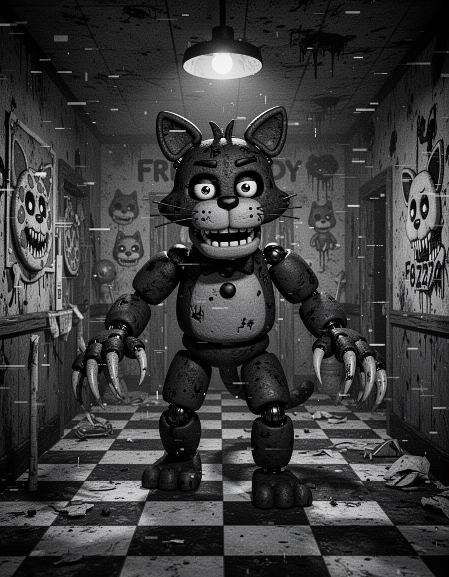Scary five nights at freddys like cat animatronic moving through creepy pizzeria, black and white screen, static effect,  black and white cat, more sinister face big claws, fnaf 4