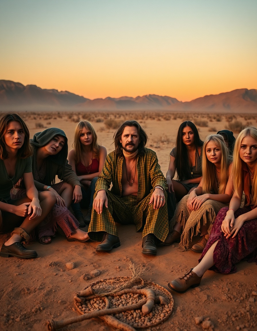 “1960s desert commune with Charles Manson sitting in the center surrounded by the Manson Family followers wearing hippie clothes, dusty California desert background, sunset lighting, unsettling cult vibe, cinematic true-crime style, 9:16 portrait”