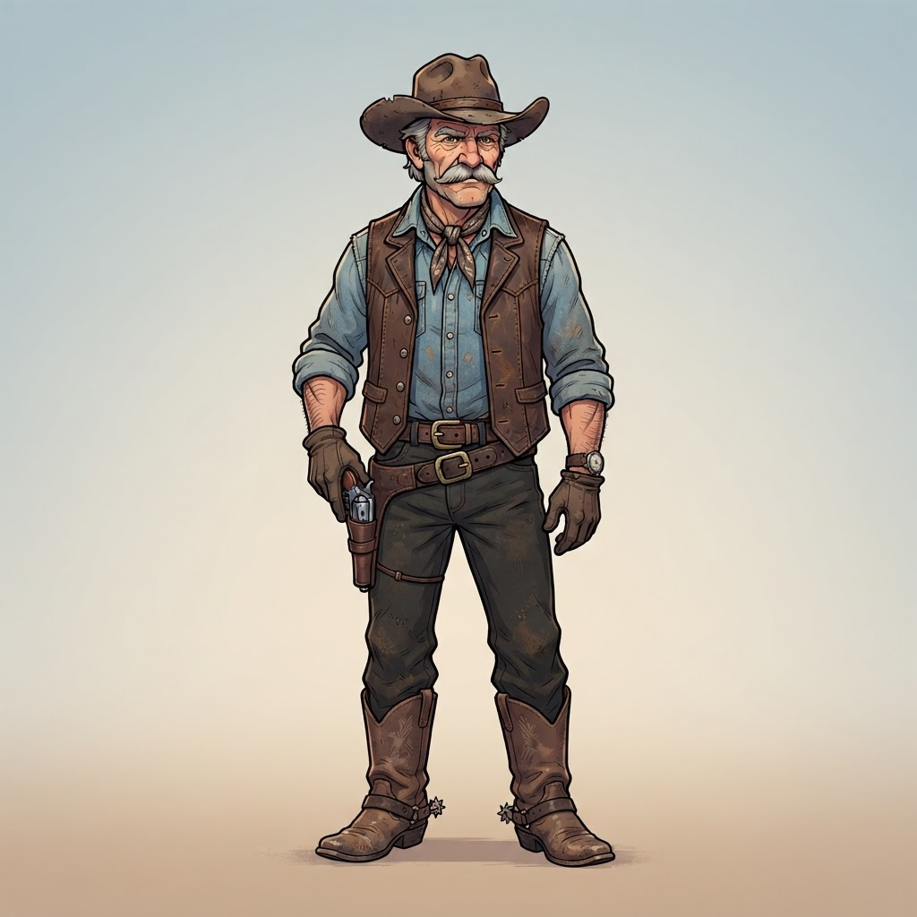 original character design of a weathered older cowboy, thick grey moustache, brown leather vest over a blue shirt, revolver on hip, full body standing pose, bold clean cartoon lineart, flat cel shading, stylized not photoreal, clean soft gradient studio background, vibrant, crisp high detail, digital illustration, no text, no words, no watermark