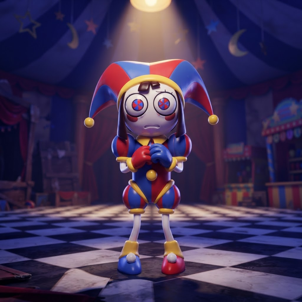 Pomni from The Amazing Digital Circus, full-body portrait, glossy 3D circus style