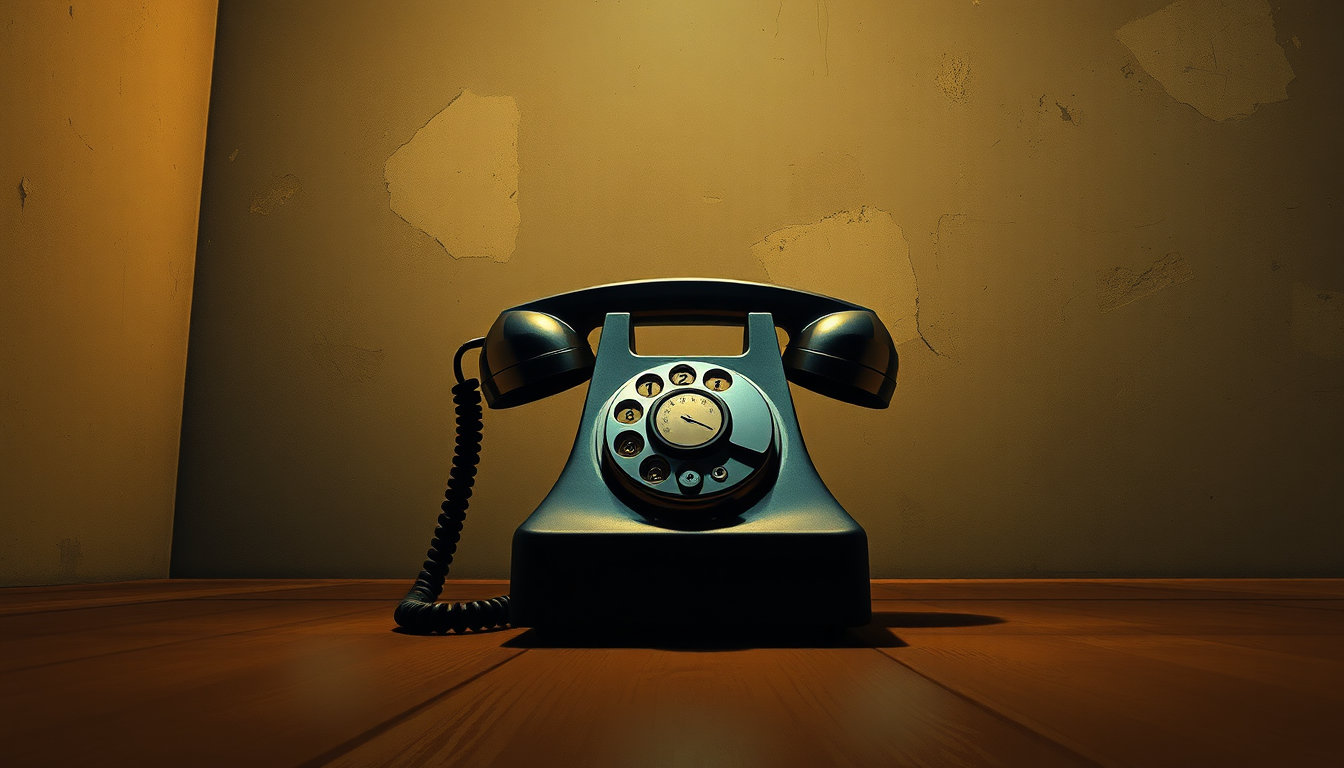 in a dimly lit, isolated 1970s era room, a vintage rotary telephone sits center stage, its chrome accents reflecting a single pool of soft, flickering candlelight. the wall behind the phone is a textured, matte-painted backdrop of worn, distressed wood and peeling plaster, evoking the feel of a decades-past, long-abandoned house. the phone itself is a relic of the past, its lines and shapes reminiscent of a bygone era, with intricate details and nostalgic charm in a style that feels pulled straight from the brushstrokes of j.c. leyendecker. in the foreground, the gentle, hand-crafted texture of a digital oil painting brings depth and nuance to the scene, blending seamlessly with the intricate, high-contrast lines and vibrant colors reminiscent of an 80s graphic novel. the overall aesthetic is one of nostalgic unease, the eerie feeling of being alone in a bygone era, captured in exquisite detail through the lens of paintery medium's concept-art quality refinement for characters and the rich, layered texture of a digital oil painting.