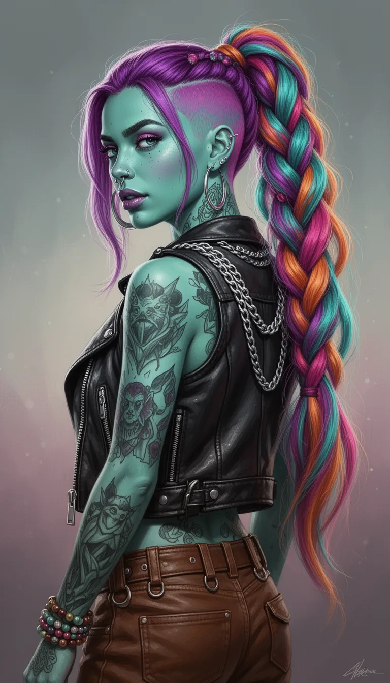 ## Style
- Medium: Digital painting, hyper-realistic illustration
- Technique: Digital airbrushing, high-frequency detail layering, subsurface scattering simulation
- Rendering Approach: Photorealistic rendering with painterly brushstroke integration, volumetric hair simulation
- Color Treatment: Vibrant, saturated chroma, complementary color contrast (teal skin vs. magenta hair), multi-spectral highlights
- Value & Contrast: High dynamic range, deep blacks in shadows, bright specular highlights, mid-tone compression for skin texture
- Detail Density: Ultra-high fidelity, micro-detail resolution on tattoos and hair strands, fine edge definition
- Era / Movement: Contemporary digital realism, influenced by cyberpunk aesthetics and modern streetwear culture
## Subject
- Identity / Type: Female subject, stylized portrait
- Pose & Gesture: Three-quarter profile, head turned toward viewer, shoulder angled away, relaxed but confident stance
- Distinctive Features: Vibrant multi-colored hair (purple, teal, orange, pink), intricate braided ponytail, shaved side with gradient dye, multiple tattoos on arm and neck, nose ring, large hoop earring
- Clothing or Equipment: Leather vest with zipper details, layered silver chains, brown leather pants with belt loops, beaded bracelets
- Scale & Proportion: Human scale, natural proportions, elongated hair for dramatic effect
## Environment
- Location Type: Studio setting, controlled environment
- Time of Day: Indeterminate, artificial lighting setup
- Weather & Atmosphere: Neutral, non-weathered, indoor ambiance
- Foreground Elements: Subject’s torso, arm, and hair dominate foreground
- Background Elements: Soft gradient background, muted tones to emphasize subject
- Architectural or Natural Features: None visible, abstract background
## Mood
- Primary Emotional Tone: Confident, edgy, expressive
- Energy Level: High, dynamic, vibrant
- Tension or Calm: Balanced tension between bold styling and composed pose
- Genre Association: Contemporary portraiture, urban fashion, alternative culture
## Lighting
- Light Source(s): Multi-point studio lighting, softbox diffusion
- Direction: Frontal and slightly elevated, casting soft shadows on face and body
- Quality (Hard / Soft): Soft, diffused light with controlled falloff
- Color Temperature: Warm key light with cool fill, creating subtle color temperature contrast
- Key-to-Fill Ratio / Contrast: Low contrast, even illumination with gentle shadows
- Shadow Character: Soft-edged shadows, minimal harshness
- Atmospheric Light Effects: Subtle glow around subject, soft halo effect from hair highlights
## Composition
- Framing & Crop: Medium close-up, focusing on upper body and head
- Camera Angle: Slightly elevated, three-quarter view
- Subject Placement: Off-center, right-aligned, creating visual balance with negative space
- Compositional Rules in Use: Rule of thirds, diagonal line of hair leading eye across frame
- Depth Layers: Foreground (subject), midground (hair), background (gradient)
- Negative Space: Minimal, used to frame subject and enhance focus
## Texture
- Primary Materials: Skin, hair, leather, metal, fabric
- Surface Quality: Smooth skin with fine pores, glossy hair with individual strand definition, textured leather and metal
- Reflectivity & BRDF Character: Anisotropic specular highlights on hair, metallic sheen on chains and jewelry, matte finish on leather
- Wear, Patina, & Imperfections: Clean surfaces, no visible wear, polished appearance
## Camera
- Shot Type: Portrait shot, medium close-up
- Implied Focal Length: 85mm-equivalent, shallow depth of field
- Depth of Field & Aperture Feel: Shallow depth of field, focused on subject with soft background blur
- Bokeh Character: Smooth, creamy bokeh with gradual falloff
- Lens Artifacts: Minimal, clean optical quality with slight vignetting