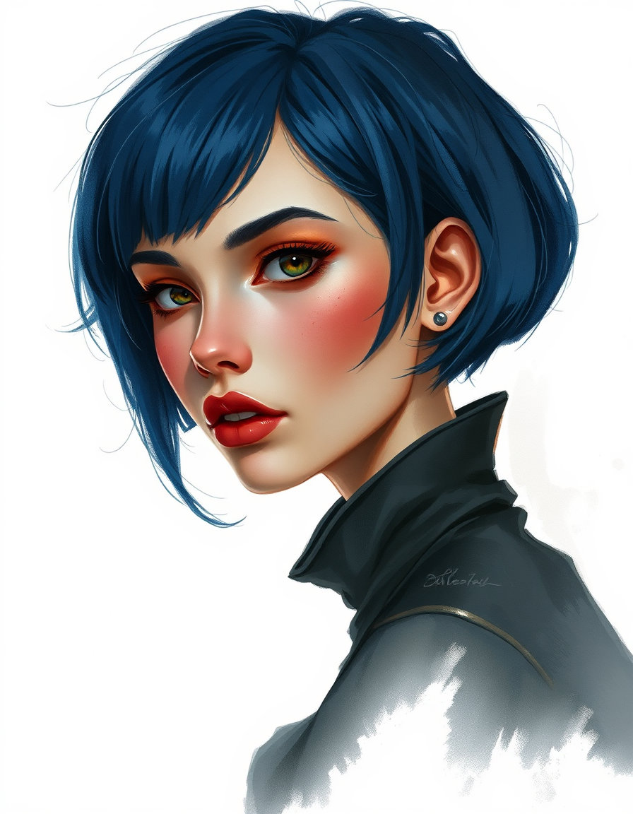 whimsical woman with deep blue hair in a short sharp bob, orange‑tinged cheeks, big almond eyes and mauve pout, rendered as a full‑body concept art character sheet on a clean white background. styled in craig mullins‑inspired painterly realism with visible brush strokes, cinematic lighting, grounded proportions, and a muted yet rich color palette; realistic fabric textures, subtle weathering on her costume, and dramatic edge lighting emphasize elegant fantasy realism. pose is dynamic but natural, silhouette‑focused with soft atmospheric shading and a faint shadow beneath her feet. the composition is centered, low‑angle, with minimal studio markings, delivering an art‑station quality, anatomy‑focused illustration that preserves her distinctive facial features and gothic watercolor undertones.