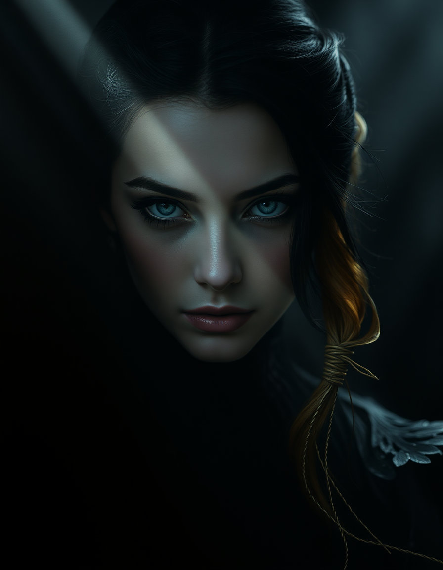 a deeply foreboding realistic dark fantasy setting emerges, shrouded in an atmosphere of mysterious foreboding, where a gothic beauty takes center stage. the subject stands, bathed in soft, directional lighting that accentuates the drama of the scene, casting deep, rich shadows across the darker surroundings while a gentle beam of light illuminates, highlighting the contrast between the lighter and darker elements.

the setting is characterized by predominantly muted, earthy tones, punctuated by lighter shades that add depth and emphasize the central elements. the entire atmosphere is steeped in an air of mystical reverence, evoking a sense of awe and wonder in those who behold this foreboding realm.

in close proximity, the subject's face assumes the dominant position, filling almost the entirety of the frame with a sense of intense, intimate focus. the background elements dissolve into a smooth, buttery blur, allowing the subject to stand in stark relief against the darkness. a shallow depth of field emphasizes the sharpness of the subject's features, rendering fine textures, edges, and subtle shifts in light with crystal clarity.

delicately lit, the subject's contours and textures are rendered in exquisite detail, as if inviting the viewer to reach out and touch the intricate surfaces. each element of the scene serves as a testament to the unparalleled craftsmanship of an era long past, imbuing the image with a sense of timelessness and mystique.