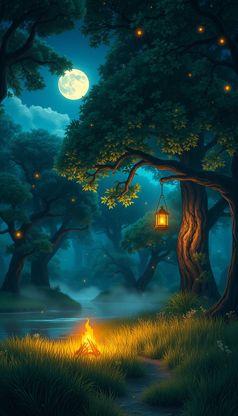 Ultra detailed Studio Ghibli inspired nature scene, peaceful magical forest at night, giant ancient trees with glowing leaves, soft moonlight passing through branches, small campfire near a quiet river, floating fireflies everywhere, gentle mist in the air, glowing lantern hanging from tree branch, lush green grass moving softly in wind, dreamy blue and orange cinematic lighting, calm emotional atmosphere, untouched wilderness, detailed reflections in water, atmospheric depth, cozy fantasy ambience, hand painted anime movie aesthetic, soft clouds, serene silence, highly detailed natural environment, magical realism, cinematic composition, masterpiece quality, 9:16 vertical wallpaper
