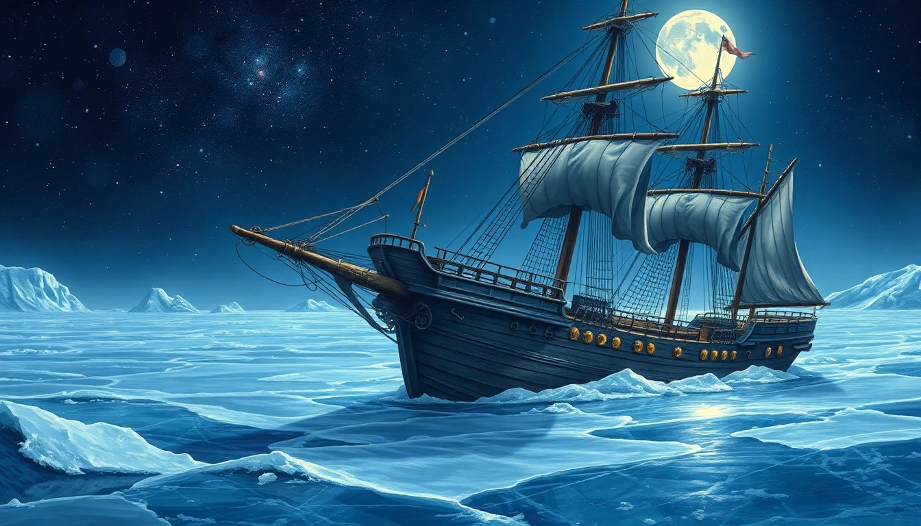in a majestic, haunting scene, a vintage-inspired, 80s graphic novel-style frigate becomes wedged in a colossal, ominous sheet of ice that stretches towards the star-studded, velvety blackness of the night sky. the frigate's hull, bathed in a soft, ethereal moonlight, takes on a mystical quality, with intricate, hard-cel shading lines that evoke a sense of nostalgia and timelessness, reminiscent of the iconic artwork of j.c. leyendecker. its wooden decks, weathered to a silvery gray, seem to blend seamlessly into the glistening, crystalline expanse of the frozen sea. the frigate's sails, once billowing with a mighty gust of wind, now flail limply, their tattered edges frozen in a perpetual, ghostly motion. the ship's stern, adorned with a regal, golden anchor and a majestic, sweeping figurehead, appears almost otherworldly, as if it has been transported from a bygone era and deposited into this desolate, yet awe-inspiring, frozen landscape. in the background, the starlit skies unfold like a canvas of sapphire and amethyst hues, with constellations shining brightly like diamonds scattered across the velvet expanse. the ice behind the frigate appears translucent, with hints of deep blues and purples, as if the very darkness of space is seeping into the frozen world. the digital oil painting style lends a dreamlike quality to the scene, with vibrant, hyper-realistic colors that seem to glow with an inner light. meanwhile, the foreground of the image is characterized by the delicate, layered glazes and fine brushwork of a traditional painter, reminiscent of the techniques employed by a master artist. the brushstrokes dance across the canvas, imbuing the frigate and its icy surroundings with a sense of depth and tactile texture that is simply captivating. every detail, from the intricate carvings on the ship's wooden hull to the delicate, lacy patterns of frost that adorn the ice, appears to have been crafted with a level of care and attention that is simply breathtaking. in this scene, the frigate, stuck fast in the ice, becomes a poignant symbol of a bygone era, a relic of a time that has been lost to the ages. yet, even as it appears frozen in time, the frigate seems to radiate a sense of longing, a sense of connection to the world that lies beyond the boundaries of the ice. the result is a scene that is both haunting and beautiful, a testament to the enduring power of art to capture the essence of the human experience.