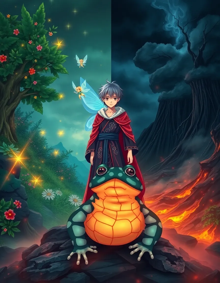 in a vibrant world inspired by fairy tail anime, a young wizard stands at the center of the frame, half in a magical forest filled with lush flora and glowing fairies, and half amidst a stark, volcanic landscape under a dark, stormy sky. the wizard is depicted wearing a flowing robe with intricate patterns, and beside him hovers a mystical fairy companion. below them, a magma toad with glowing cracks across its rocky skin sits poised, embodying the essence of both worlds, its molten attitude resonating against the contrasting environments.