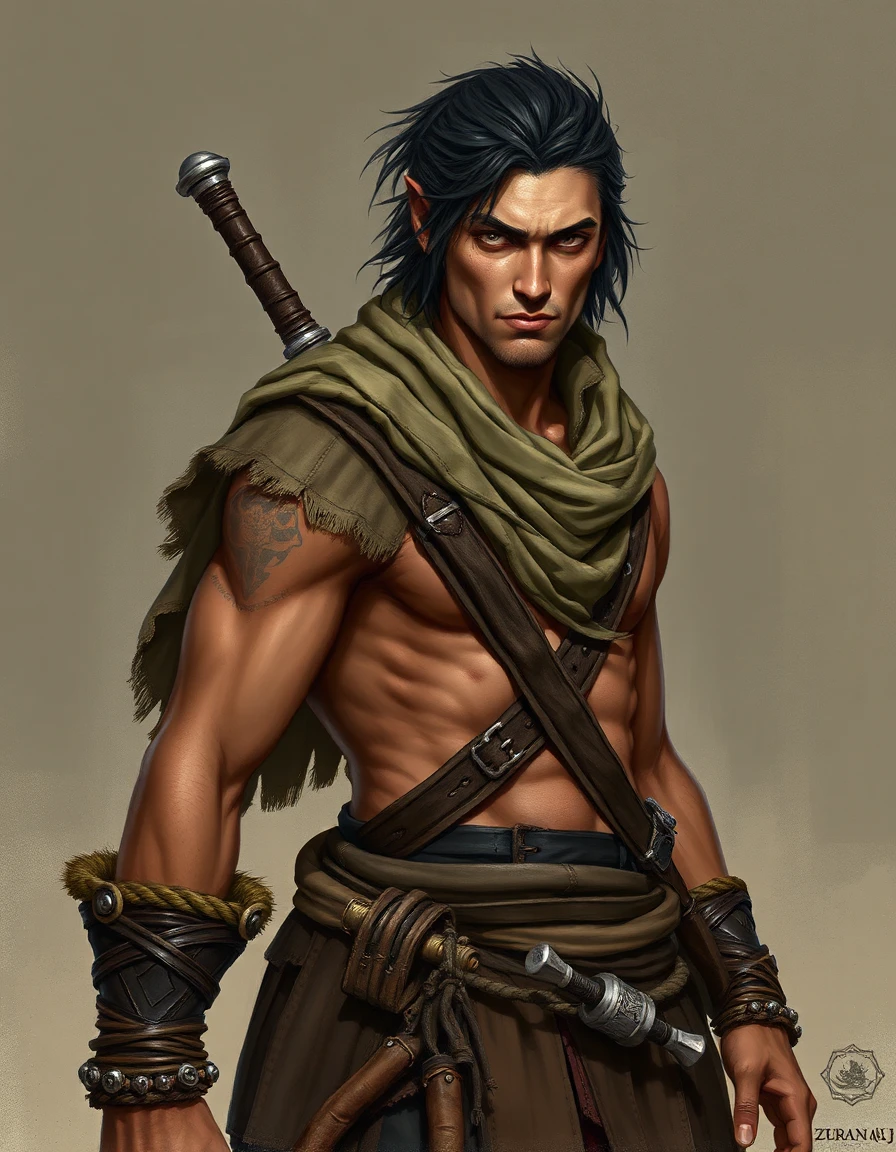 ZURANI ROGUE THIEF — MALE PORTRAIT PROMPT
A male Zurani rogue from the steppe‑nomad culture, reimagined in gritty Hyborian‑fantasy style. Absolutely human. Lean but muscular build (STR + DEX), agile and wiry like a seasoned corsair. Wind‑burned skin, dark hair tied back or loose, sharp cheekbones, light or hazel eyes with a cunning, alert expression. Wears layered leathers, sashes, and travel‑worn fabrics in earth tones, with subtle maritime touches from the Inner Sea: rope bracelets, bone toggles, weathered cloth wraps. No armor plates. Hands calloused from climbing rigging and brawling in taverns. Expression confident, dangerous, half‑smirk of someone who knows every alley and every shadow. Equipped with a shortsword and a light crossbow; belt with tools for theft and survival. Background hinting at Zurath: docks, sails, desert winds meeting the sea. Gritty realism, Hyborian tone, no fantasy races.

Tag utili:  
Zurani rogue, steppe corsair, gritty realism, human only, agile thief, tavern brawler, Inner Sea pirate, Hyborian tone