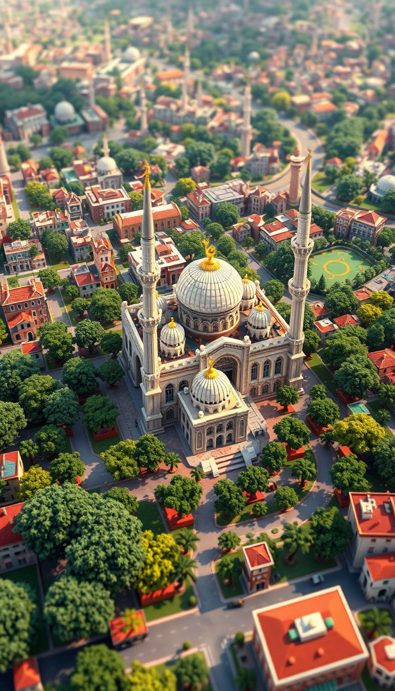 in a vibrant, colorful scene, a sprawling, intricate isometric cityscape unfolds before us, rendered in crisp, blocky, lego-like voxels, radiating an air of nostalgic charm and a clean, top-down perspective. the urban landscape is teeming with life, as lush green trees and verdant parks coexist harmoniously with grand mosques and minarets, their delicate filigree a testament to the region's rich cultural heritage, echoing the spirit of islam, a guiding principle in the design of these majestic structures.