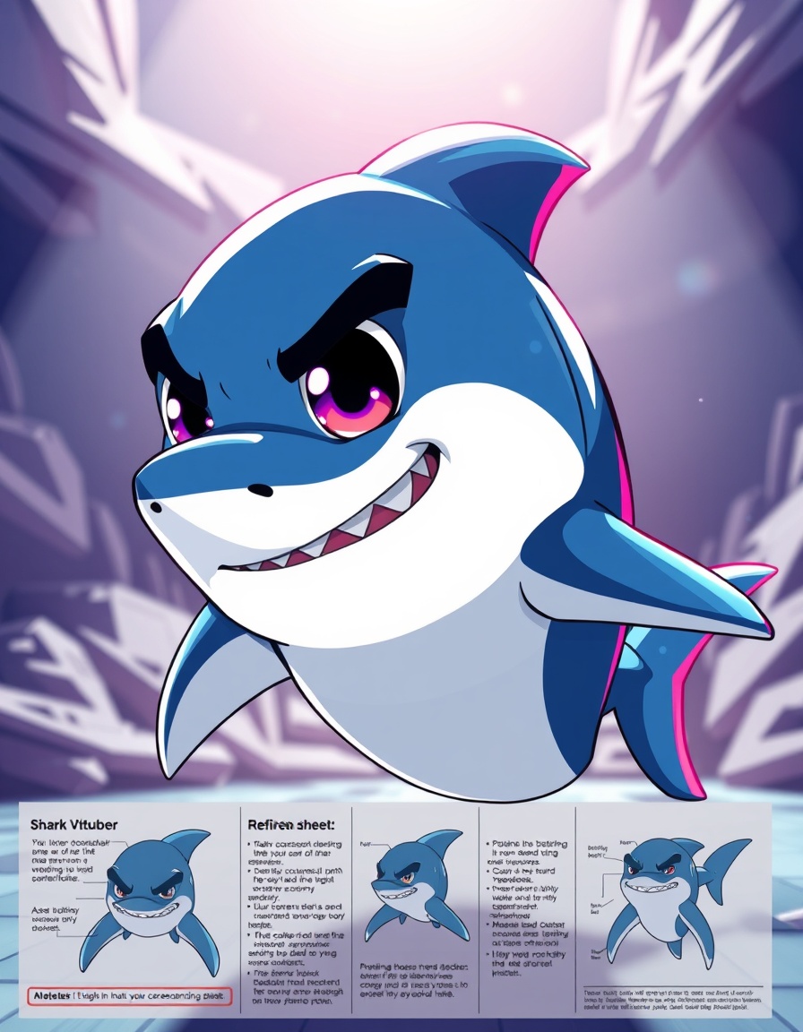 A shark mascot VTuber with a reference panel