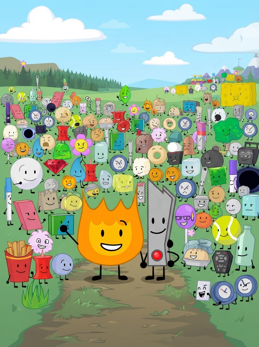 Firey from bfdi (Battle for dream island) and add Firey and for the background and a lot of characters and from BFDI and Liy from bfdi