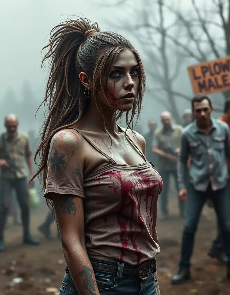 A zombie apocalypse survivor, zombie surrosurrounding her. A ho