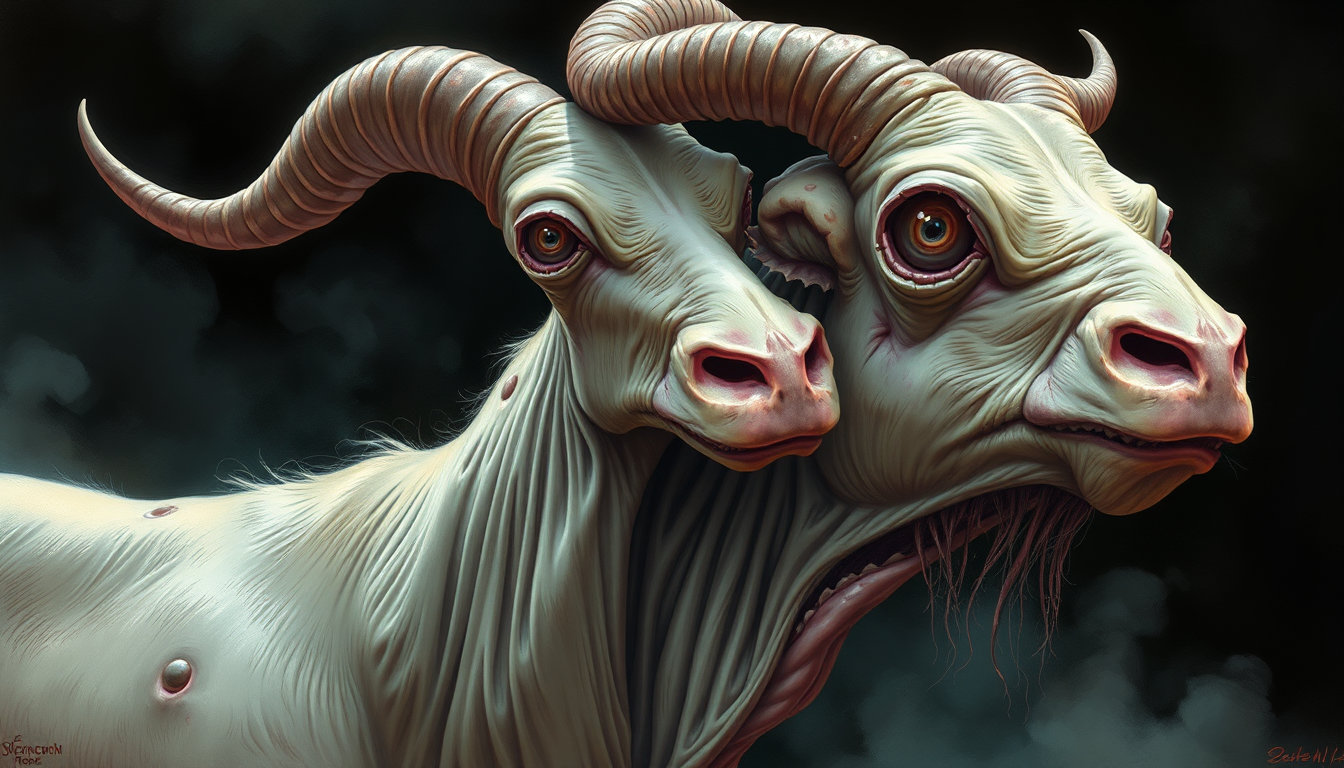 a vibrant painting with vintage lines, hard-cel shading, in the style of an 80s graphic novel, featuring high contrast colors. this is a digital oil painting, vibrant and hyper-realistic. the style is that of a digital painting with a handcraft, painterly finish, emphasizing fine brushwork, layered glazes, and natural texture, with a matte-painting sensibility for backgrounds and concept-art quality refinement for characters. the subject is a grotesque farm animal creature, rendered in a serene, contemplative mood with smooth, detailed brushwork. soft diffused light casts gentle shadows, emphasizing its twisted, elongated body and subtle, pulsating tumors. muted earth tones, subtle greens, and soft pastels color the diseased surfaces in a dreamlike harmony. a delicate otherworldly mist swirls through a dark gothic-inspired background. the camera is set at a 42 mm focal length, capturing a medium shot that feels both hyper-realistic and highly stylized, balancing precise oil-style strokes with exquisite elements of fantasy illustration and subtle texture, skillfully highlighting mystery and subtle horror without overwhelming it. additionally, a creepy person in a straightjacket with many eyes all over their face and no mouth is present, depicted as a monster.