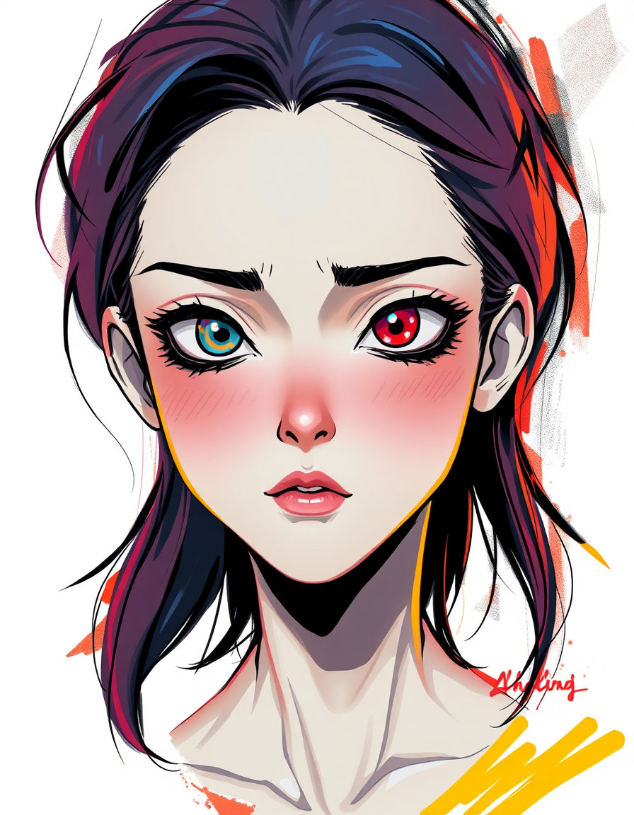 A painterly VTuber portrait with dark hair and red streaks