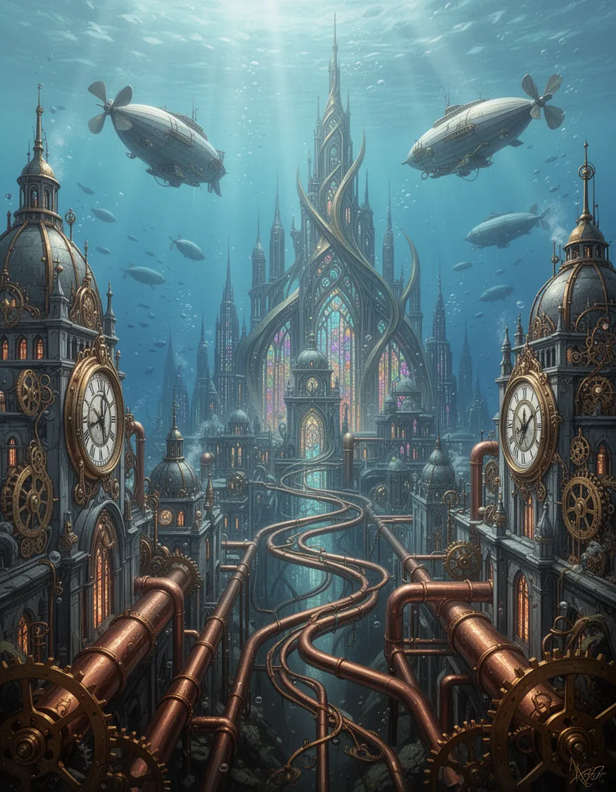 in a majestic victorian steampunk metropolis, situated amidst the depths of a mystical ocean, an enormous aquatic cityscape unfolds. towering skyscrapers and sprawling architecture rise from the seafloor, adorned with intricately polished brass gears, copper filigree, and majestic clockwork mechanisms. majestic blimp-like submarines majestically emerge from the horizon, their propellers whirring as they glide effortlessly through the crystal-clear waters. the atmosphere is alive with the gentle hum of steam-powered machinery, as majestic copper pipes weave through the city's infrastructure like an oceanic artery, pulsing with an otherworldly energy. towering above the vibrant, kaleidoscopic metropolis, the city's magnificent architecture boasts sweeping, majestic curves and grandiose spire-like structures, as if forged from a dreamworld of magnificent brass and steel.