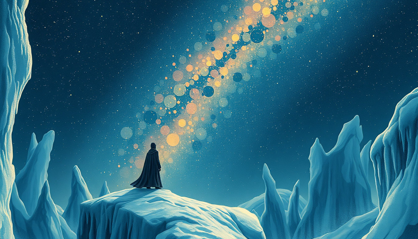 in the realm of a whimsical winter wonderland, where frosty tendrils of ice stretch out like skeletal fingers towards the celestial expanse of starry night sky, a lone figure stands at the precipice of two worlds. the atmosphere is heavy with the mystery of the unknown, as a j.c. leyendecker-inspired painting unfurls with vibrant, vintage lines that evoke the nostalgia of a bygone era. the hard-cel shading of a forgotten graphic novel from the 80s imbues the scene with a mesmerizing depth, while high contrast colors dance across the canvas, casting an otherworldly glow. the figure, bathed in the soft luminescence of a digital oil painting, stands with an air of elegance, its features rendered in hyper-realistic detail that seems almost lifelike. every brushstroke, every texture, and every layer of glaze is meticulously crafted to transport the viewer to a realm of breathtaking beauty. however, this isn't a tranquil scene; it's a place where the boundaries between reality and fantasy blur. the paintery medium's emphasis on fine brushwork and natural texture adds a tactile quality to the painting, making the viewer feel like they're gazing upon a work of art born from the finest of human craftsmanship. backdrops are rendered with the finesse of matte-painting, while characters possess the refinement of concept-art, blending seamlessly into the dreamlike atmosphere. in the distance, the ethereal glow of stars twinkles like diamonds scattered across the velvet expanse, while the frosty landscape below seems to whisper secrets to the night. it's a moment suspended between the fragility of life and the mystery of the cosmos, where the boundaries between ice and stars are blurred, and the only certainty is the awe-inspiring beauty of the scene before us.