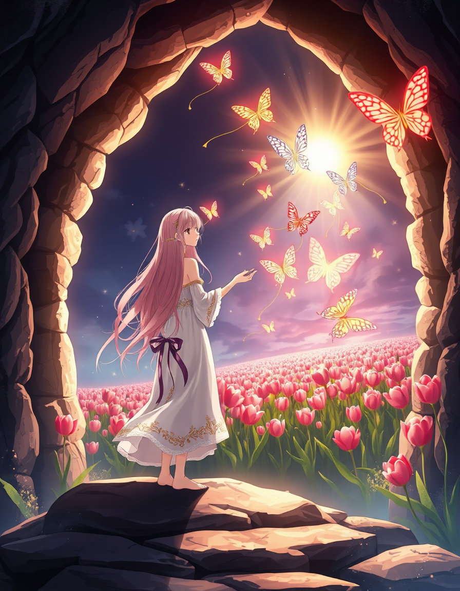 "A stunning anime-style illustration. A graceful girl with long flowing pink hair stands barefoot at the edge of a glowing ancient stone archway inside a dark cave. She wears a flowing elegant white and gold fantasy dress with delicate embroidery. She gently reaches one hand toward the light. Through the arch: a vibrant field of pink and red tulips under a dreamy sky. A flock of glowing colorful butterflies with trailing luminous strings flies from the darkness into the sunlight. Dramatic volumetric god rays, sparkling particles, ethereal and hopeful atmosphere, soft cel-shading, masterpiece."