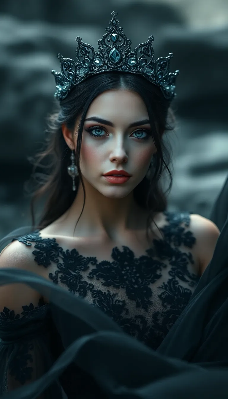 Ultra-realistic portrait of a Pisces woman, dreamy dark siren, flowing black lace gown, ocean-inspired crown, soft mystical eyes, cinematic fantasy lighting, gothic luxury aesthetic, photorealistic skin texture, shallow depth of field