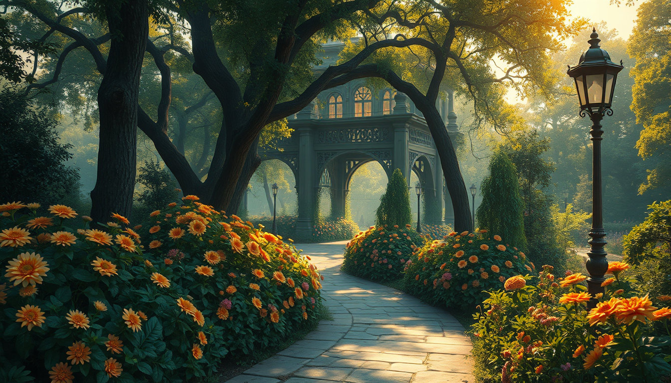 in the hauntingly beautiful victorian park, adorned with a lush tapestry of vibrant flowers that seem to dance in the air, the soft focus of digital oil painting's hyper-realistic style brings forth a world of captivating depth and dimensionality. the warm, golden tones and intricate texture of the oil painting style mingle with the lush, green foliage, giving the scene an unmistakable sense of organic charm. amidst this serene backdrop, the intricate, hand-crafted brushstrokes of paintery medium's digital oil painting bring forth the finest details, from the delicate patterns on the flowers to the worn stone pathways beneath the trees. matte-painted backgrounds blend seamlessly with concept-art quality refinement on characters, creating a visually striking balance between realistic and stylized elements. as the sun casts its long, ominous shadows through the overgrown trees, the high contrast colors of j.c. leyendecker's vibrant painting style spring to life, imbuing the scene with an otherworldly sense of mystery and enchantment. the 80s graphic novel aesthetic echoes through the composition, with its bold lines and striking character designs, adding a sense of nostalgic whimsy to the proceedings. the result is a masterfully crafted world, where the fantastical and the realistic blend together in perfect harmony, beckoning the viewer to step into its eerie, yet captivating, atmosphere.
