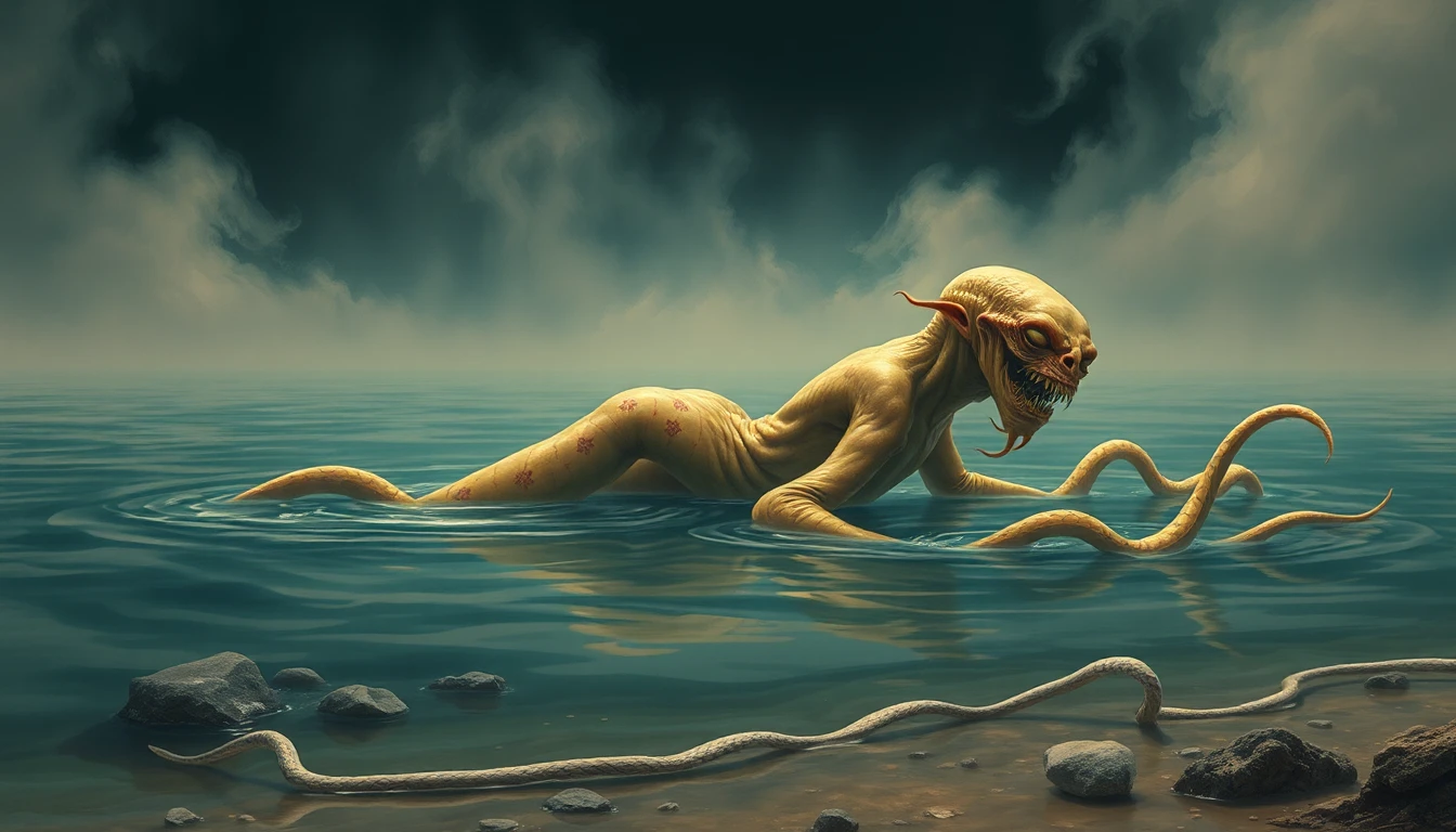 in a surreal, dreamlike scene, we find ourselves standing before a serene, yet unsettling, j.c. leyendecker-inspired water's edge, where vibrant colors and vintage lines dance in perfect harmony, accompanied by the subtle warmth of 80s graphic novel aesthetics and high contrast colors. the air is heavy with an eerie atmosphere, as if the very fabric of reality has been woven with an otherworldly fabric. before us, a digital oil painting-style masterpiece unfolds, with each brushstroke and layer of glaze meticulously crafted to evoke an atmosphere of fine craftsmanship and painterly nuance. the background, a masterpiece of matte-painting sensibility, beckons us to explore the depths of this mystical realm, while the concept-art quality refinement gives the characters an air of refined elegance. in the foreground, a plague farm creatures-inspired horror unfolds, yet, paradoxically, one of eerie serenity. a grotesque, twisted creature, its body elongated and deformed, floats serenely amidst a soft, diffused light, as if suspended in a dreamlike state. soft pastels and muted earth tones dance across its diseased surface, a testament to the subtle, pulsating life beneath. delicate, ethereal mist swirls through the dark, gothic-inspired background, casting an air of mystery and subtle horror, while a pale, otherworldly water's edge laps gently against the shore, as if lulling the creature into a deep sleep. rising from the depths, like ghostly apparitions, pale, snake-headed tentacles stretch towards the surface, their slender bodies undulating in an eerie, slow dance, as if beckoning us to enter their submerged realm. the camera, set at the precise 42 mm focal length, captures a medium shot that feels both hyper-realistic and highly stylized, balancing precision with fantasy, and texture with style, inviting us to step into this creepy, mystical world, where the boundaries between reality and fantasy blur, and the unknown lurks just beyond the surface.
