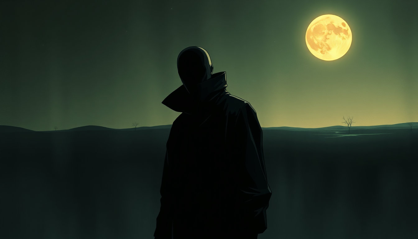 against a rich, velvety night sky, reminiscent of a vintage illustration, a figure stands tall. the dominant block is an iconic representation of j.c. leyendecker's style, with its vibrant palette and hard-contrast lines that evoke an 80s graphic novel sensibility. this figure, a creepy faceless man, is drawn with sharp definition and intricate shading, reminiscent of handcrafted work. his body, cloaked in dark, muted tones, blends seamlessly into the shadows, while his face - blank, yet eerie - is an exercise in restraint. the absence of facial features creates an unsettling air, a sense of void that's as haunting as it is unnerving. in the distance, a background that recalls the refined, matte-painted quality of a concept artist's work stretches out to the horizon. the colors blend seamlessly together, a smooth tapestry of muted tones that provides a haunting contrast to the figure's stark, graphic presence. every detail, from the subtle play of light on the figure's dark clothing to the rich texture of the night sky, is imbued with a sense of handcraft and painterly attention to detail, much like the digital oil painting block that adds a level of hyper-realistic depth to the overall scene. yet, the atmosphere remains eerily subdued, the darkness punctuated only by the faint gleam of moonlight that illuminates the figure's presence with an otherworldly glow. the overall effect is a haunting portrait of a faceless man, frozen in time like a dark reflection, suspended between the stark, high-contrast lines of an 80s graphic novel and the nuanced, atmospheric quality of a concept artist's work.