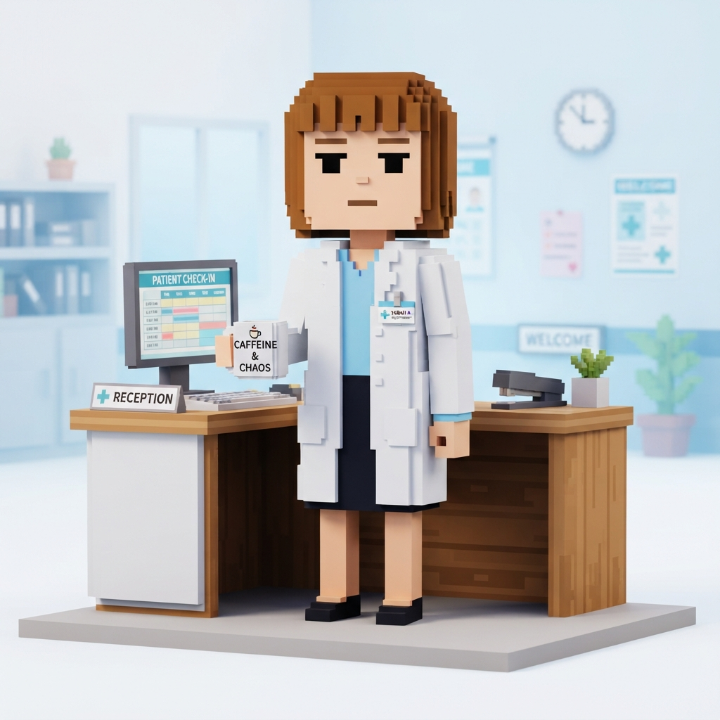 original character: a blocky voxel style hospital receptionist character in a lab coat with a coffee mug, deadpan expression, Roblox-like stylized 3D blocky character render, clean soft gradient studio background, vibrant, crisp high detail