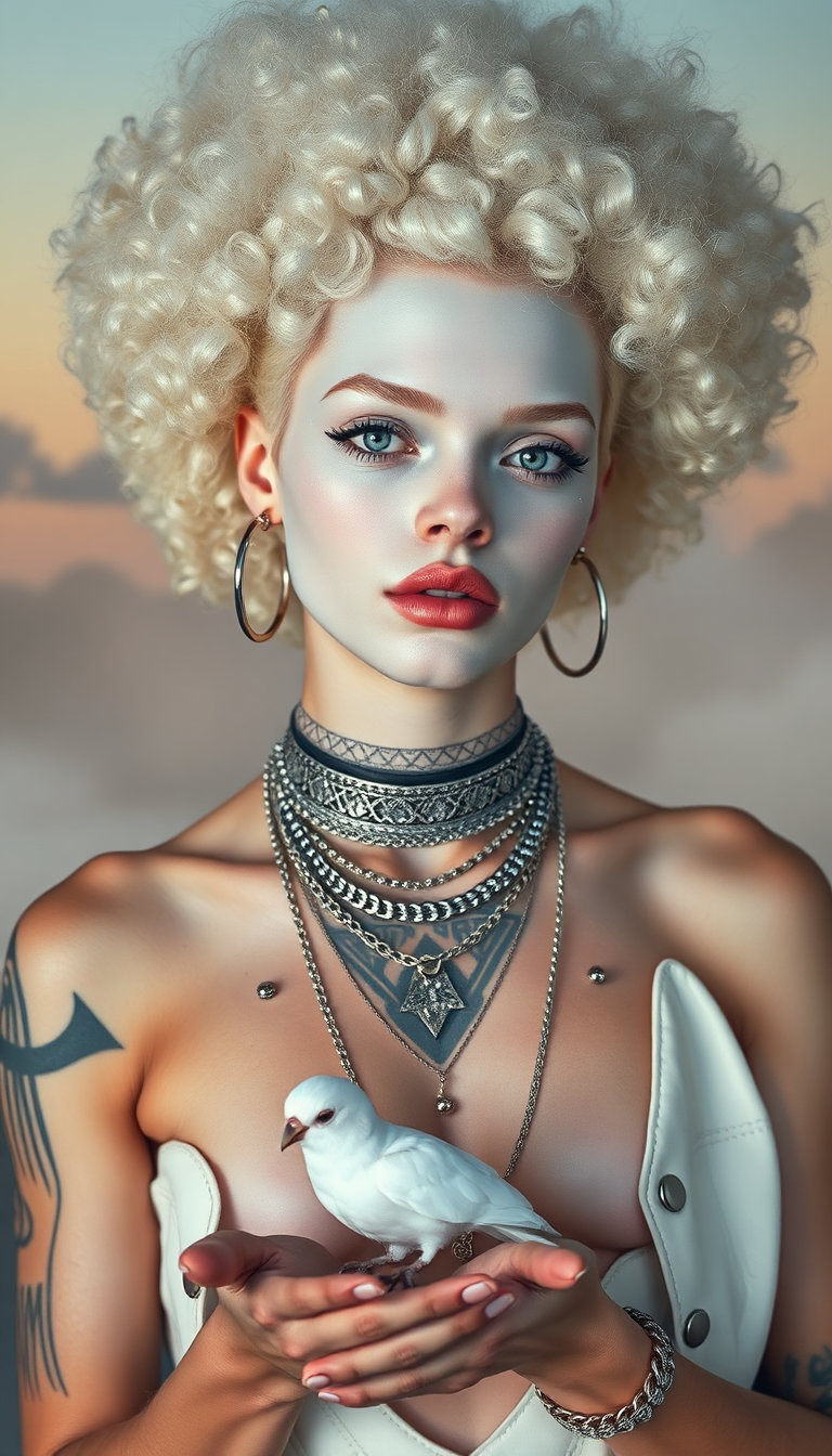 portrait of a person with voluminous curly platinum blonde afro, pale skin with white powder makeup, silver hoop earrings, nose ring, intricate geometric tattoos on neck and chest adorned with subtle shimmering silver polka dots that add a metallic holographic sheen, wearing layered silver chokers and chains, white sleeveless leather vest, holding a small white bird with iridescent blue wing feathers on an outstretched palm, depicted in a soft pastel color palette with warm ambient lighting, gentle misty atmosphere and subtle gradient skies, rendered as a renaissance‑era altarpiece in oil on wood panel with gold‑leaf accents, saint‑like gaze, high‑fashion editorial composition, sharp focus, 85mm lens