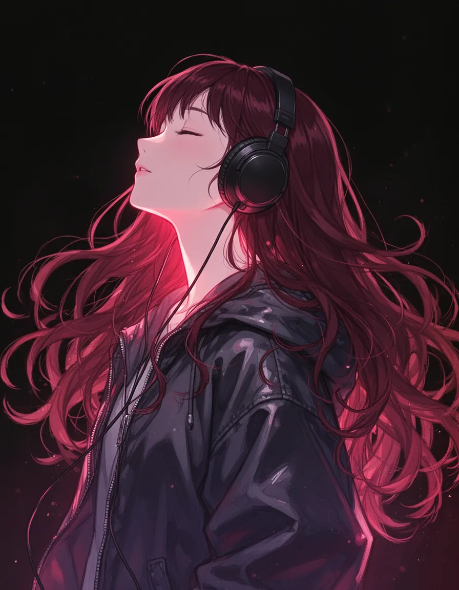 Masterpiece anime illustration of a beautiful young East Asian girl with long flowing wavy dark crimson-red hair, head tilted back dramatically with eyes gently closed in bliss while listening to music, wearing large black over-ear headphones with visible cord, wearing an oversized shiny dark jacket with glossy reflections, strong dramatic pink and red rim lighting glowing intensely along her neck, jawline and hair, soft highlights on her face, pure black background, emotional and serene atmosphere, detailed hair strands flowing naturally, cinematic lighting, in the style of Makoto Shinkai and WLOP, anime key visual, best quality, ultra detailed, sharp focus, vibrant colors