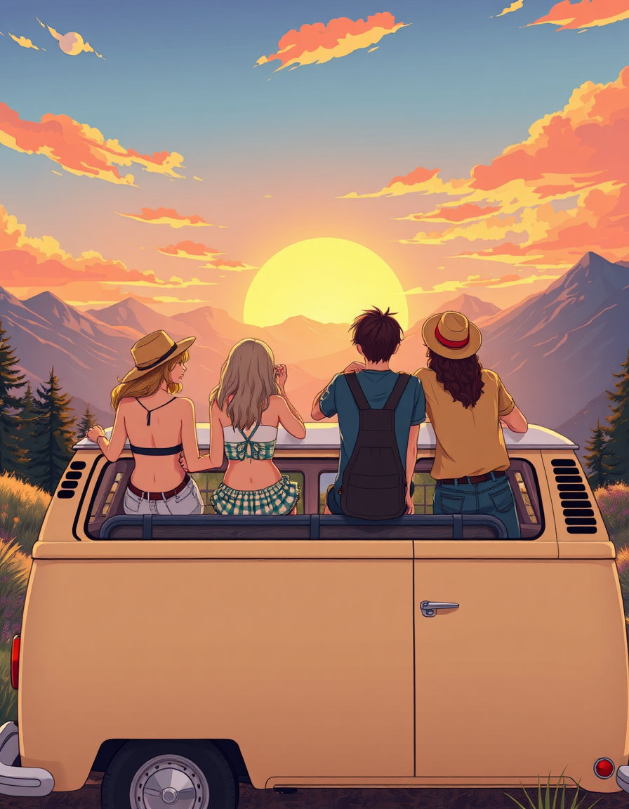 A lively group of friends on a classic summer road trip, sitting on the roof of a vintage camper van, looking out at a stunning mountain sunset, wearing casual bohemian travel clothes, peaceful and adventurous mood. create anime image