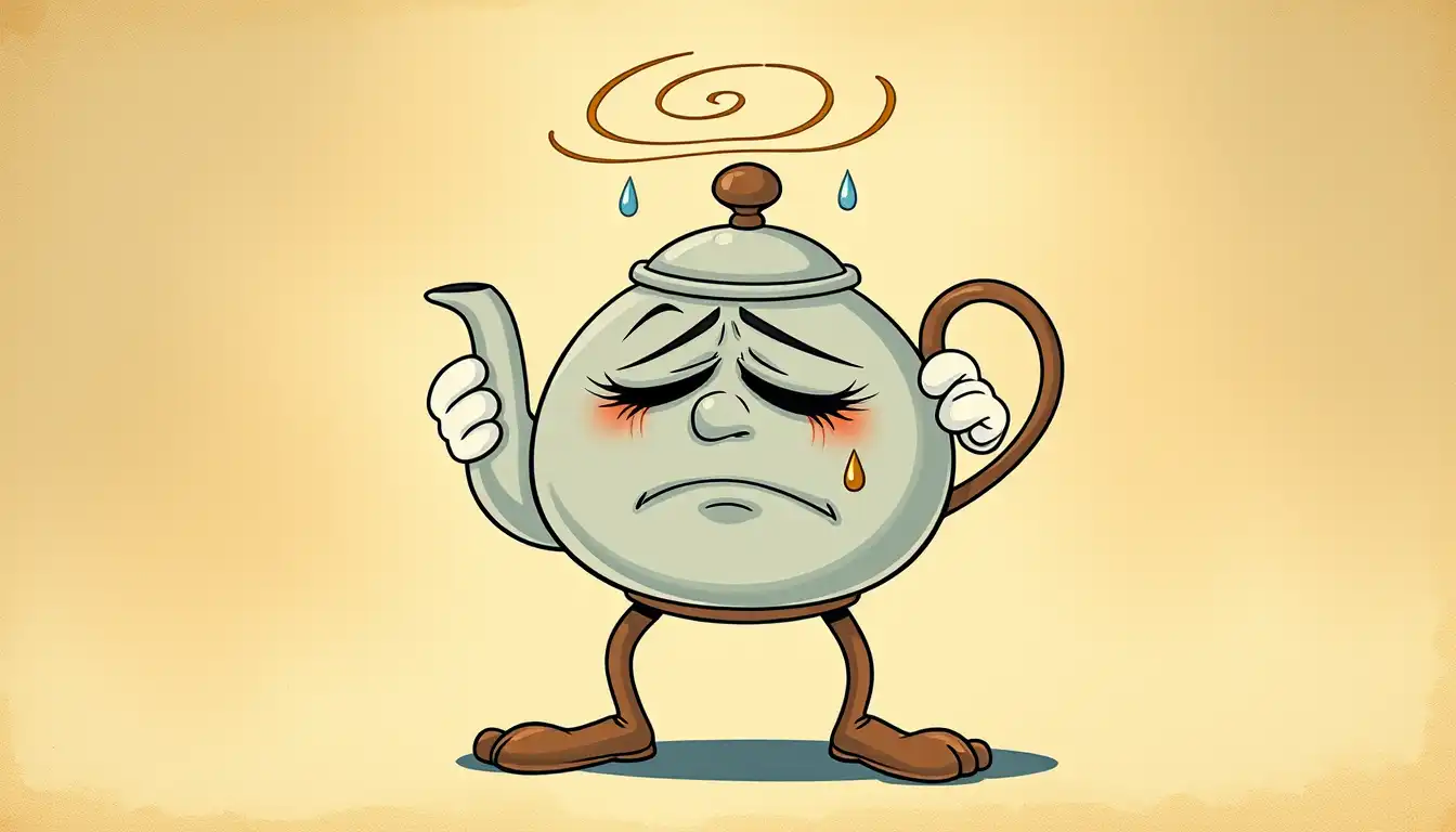 1930s cartoon style, Fleischer Studios style, Cuphead style, rubber hose animation, hand-drawn, cel shaded, vintage aesthetic, grainy film texture, muted colors, watercolor backgrounds, white gloves, pie eyes.A character in Cuphead style, an anthropomorphic teapot looking extremely weak and exhausted, wobbly rubber hose limbs, drooping eyelids, sweating droplets, dizzy swirls above head, shaky legs, 1930s vintage cartoon, high contrast, hand-drawn on aged paper.