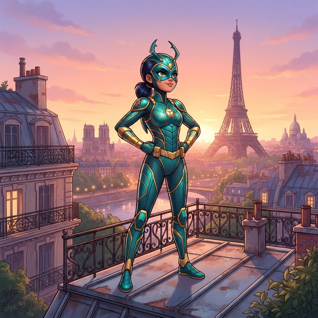 a 2d cartoon superhero teenage girl original character in a teal and gold beetle themed mask and bodysuit, french animated series art style
