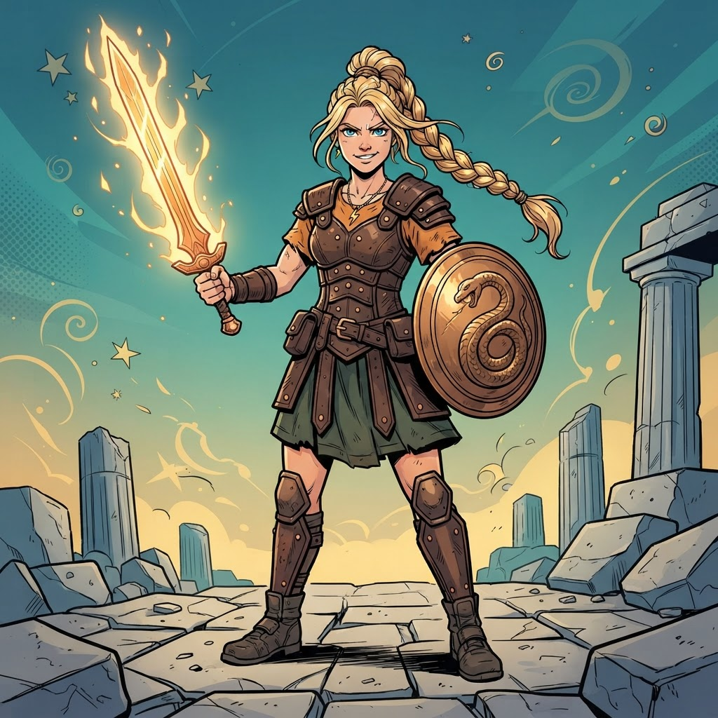 original greek demigod warrior character, young woman with blonde braided hair, leather armor over an orange t shirt, holding a glowing bronze sword, standing full body, bold ink lineart comic book illustration, flat cel shading, teal and gold gradient background, crisp high detail, no text, no words, no watermark