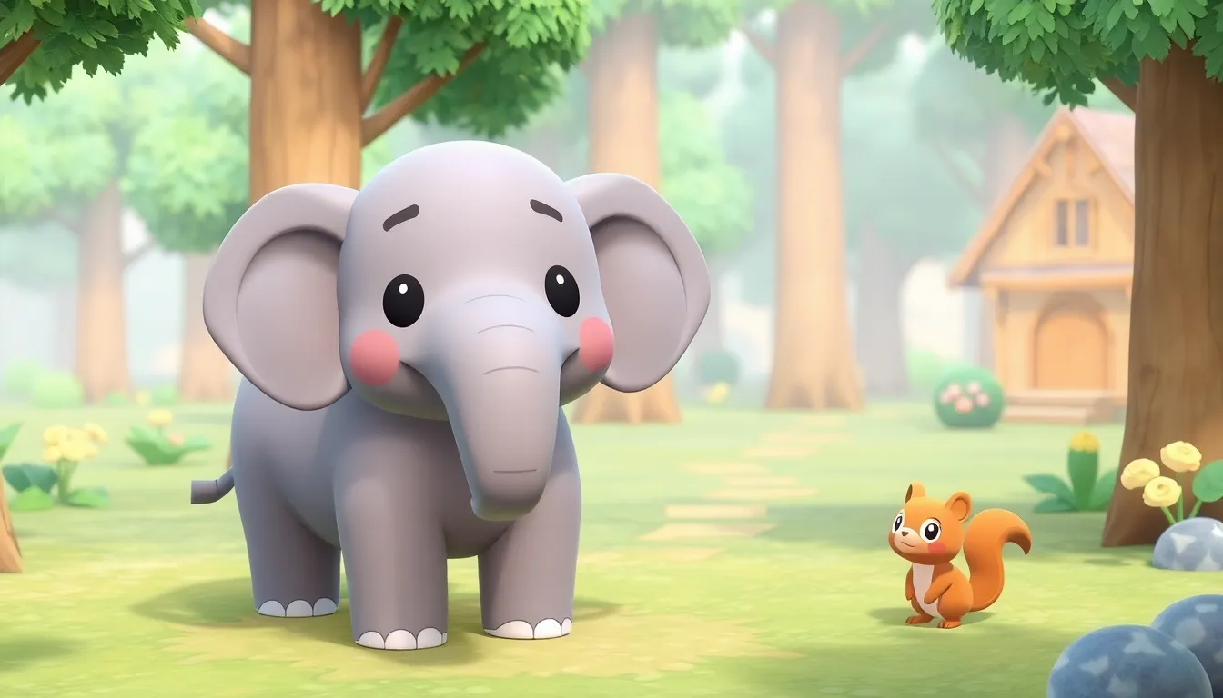 A cute Animal Crossing–style forest village in daytime.
A friendly gray elephant standing calmly near trees.
A small brown squirrel sitting happily nearby.
Pastel colors, soft lighting, peaceful and kid-friendly atmosphere.
Same elephant and same squirrel, same size, same colors, same look, same proportions, same Animal Crossing–style 3D cartoon design, consistent characters, no character change.