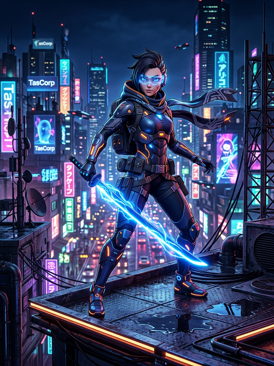 Original character for Meta Runner: a cyber-ninja wielding a glowing neon katana, full body, stylized 3D anime style, rooftop above a neon megacity at night, dramatic lighting
