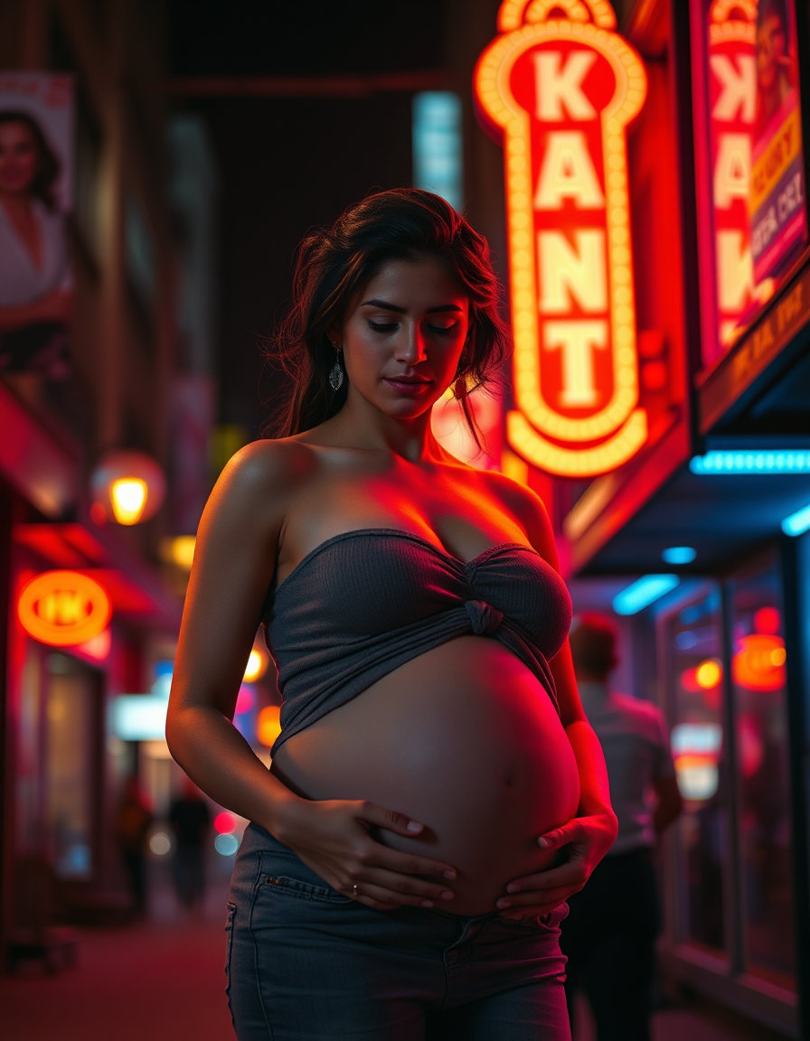 romantic atmosphere with warm chromatic tones, gentle candlelight and soft sunset glow creating warm highlights and smooth falloff, emphasizing emotional closeness and tenderness; a pregnant muscular latina standing shyly in a neon-lit cityscape, bathed in bio‑luminescent neon signs that glow against a deep dark background, with vibrant, high‑dynamic‑range colors and excellent centered composition, shallow depth of field gently blurring the surrounding urban details while keeping the subject sharply in focus, soft fabric textures and natural skin tones highlighted by the neon light, shadows rendered in warm desaturated hues, overall creating an intimate, tender visual scene that blends romantic warmth with vibrant neon vibrancy.