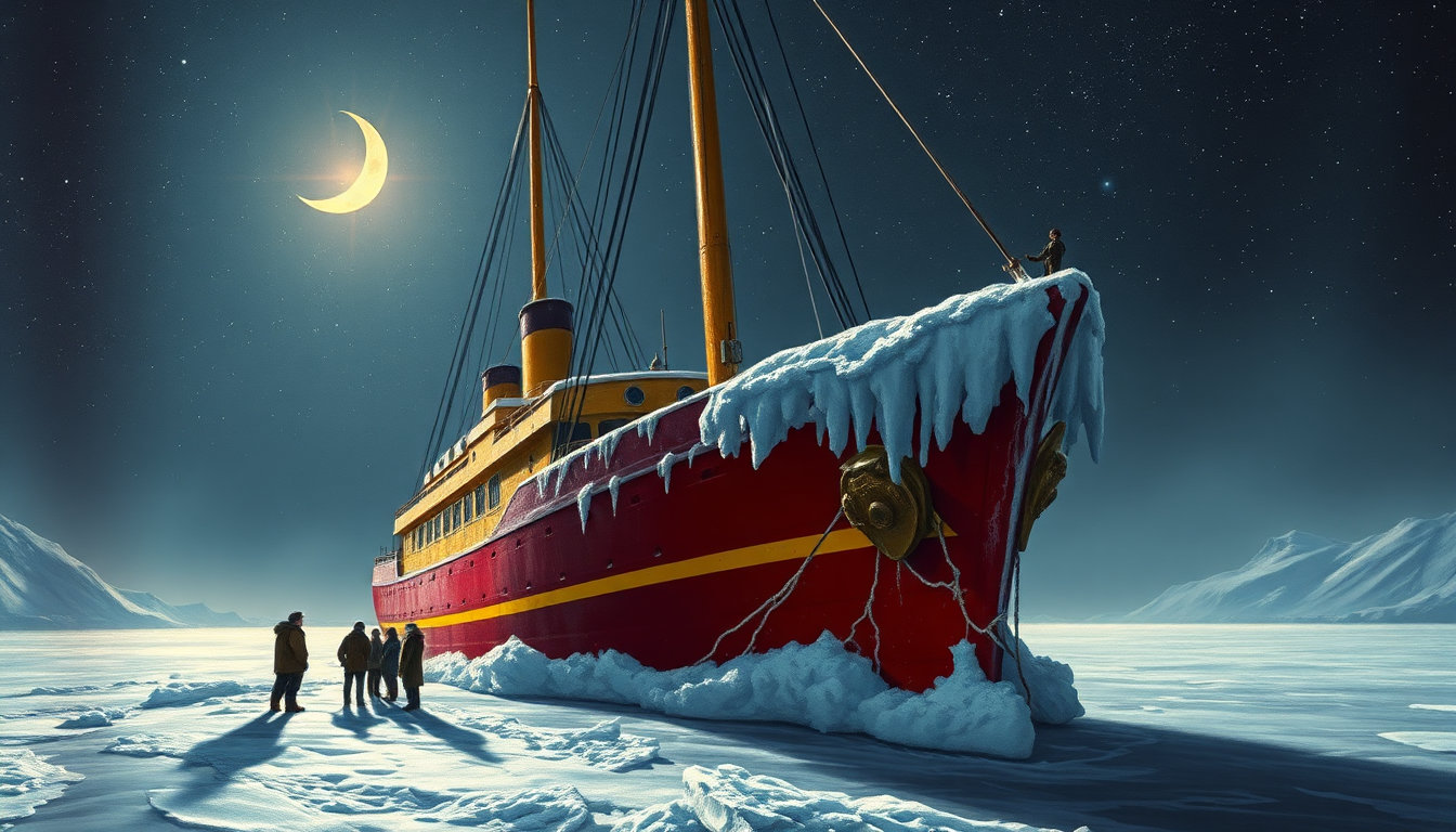 in the distance, a majestic vessel emerges from the icy grasp of the frozen fjord, its foremast and mainmast towering above the surrounding landscape like skeletal fingers, the ship's hull shrouded in a layer of frost and snow that seems to crackle with an otherworldly energy in the flickering moonlight. the ship's vibrant red and yellow paint is still visible beneath the icy veneer, evoking a sense of bygone eras, a nostalgic echo of a bygone age, much like the vintage lines of a classic j.c. leyendecker painting, with its precise, elegant curves and subtle nuance. the ship's crew, dressed in warm, layered clothing, stands at the edge of the frozen deck, gazing out at the starry expanse above, their faces illuminated by the faint, ethereal glow of a crescent moon, its gentle light casting long shadows across the faces of the crew, as if to emphasize their vulnerability against the unforgiving vastness of the night sky. the stars above seem to twinkle with an otherworldly energy, a celestial ballet that dances across the velvet blackness, their twinkling lights reflected in the ice-encrusted rigging and the frozen surfaces below. the painting itself is a masterful blend of the digital and the organic, with bold brushstrokes and vivid colors that seem to leap off the canvas, imbuing the scene with a sense of energy and life. the painterly textures and fine brushwork evoke a sense of handcraft, as if the artist has spent hours upon hours perfecting every detail, every subtle hue and shade, every intricate fold and crease. the digital oil painting style seems to marry the best of both worlds, a union of the old and the new that is at once jarringly modern and comforting in its familiarity. in the background, the icy horizon stretches out to meet the starry sky, a majestic sweep of frozen landscape that stretches out to infinity, a testament to the power of nature to shape and mold the world around it. and yet, amidst this frozen expanse, there is a sense of quiet, of stillness, as if the very world has been paused, frozen in time, much like a concept-art piece from a bygone era, a snapshot of a moment that will never be forgotten.