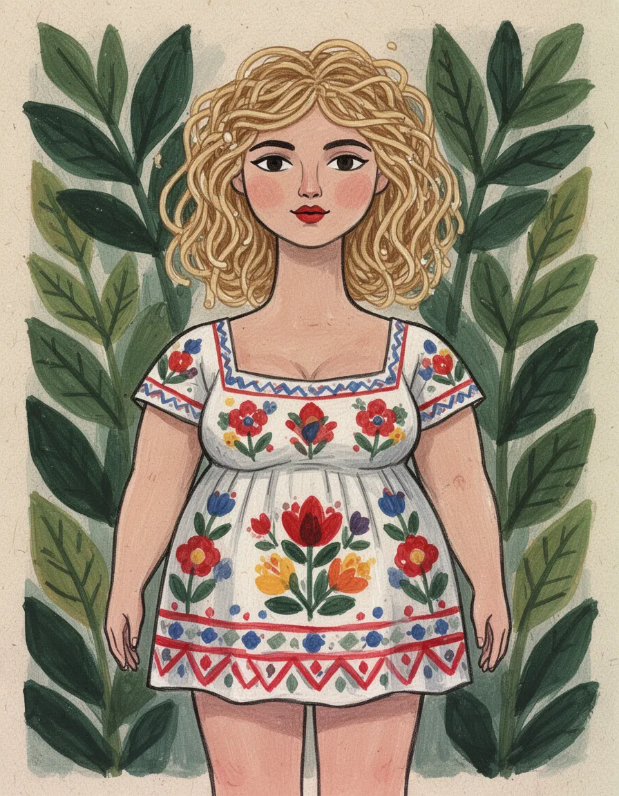Flat hand-painted folk fashion illustration of a thick woman with hair like pasta, wearing mini sundress,set in [BACKGROUND]. Use [PALETTE], thick uneven black outlines, flat opaque gouache color blocks, visible paper grain, simplified almond eyes, small red lips, long stylized neck, minimal facial detail, decorative textile patterns, bold graphic foliage, naive proportions, cropped medium portrait framing, and a poster-like composition with no realistic depth. Clean saturated editorial look, handmade texture