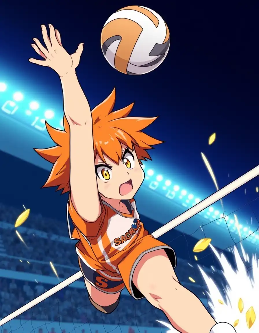 a dynamic anime-style illustration inspired by haikyuu!!, featuring a cartoon volleyball player with vibrant orange hair. the character should be mid-action, spiking the ball with incredible force, his eyes blazing with competitive fire and determination. the background could depict a stylized volleyball court, showcasing the energy and excitement of the sport.