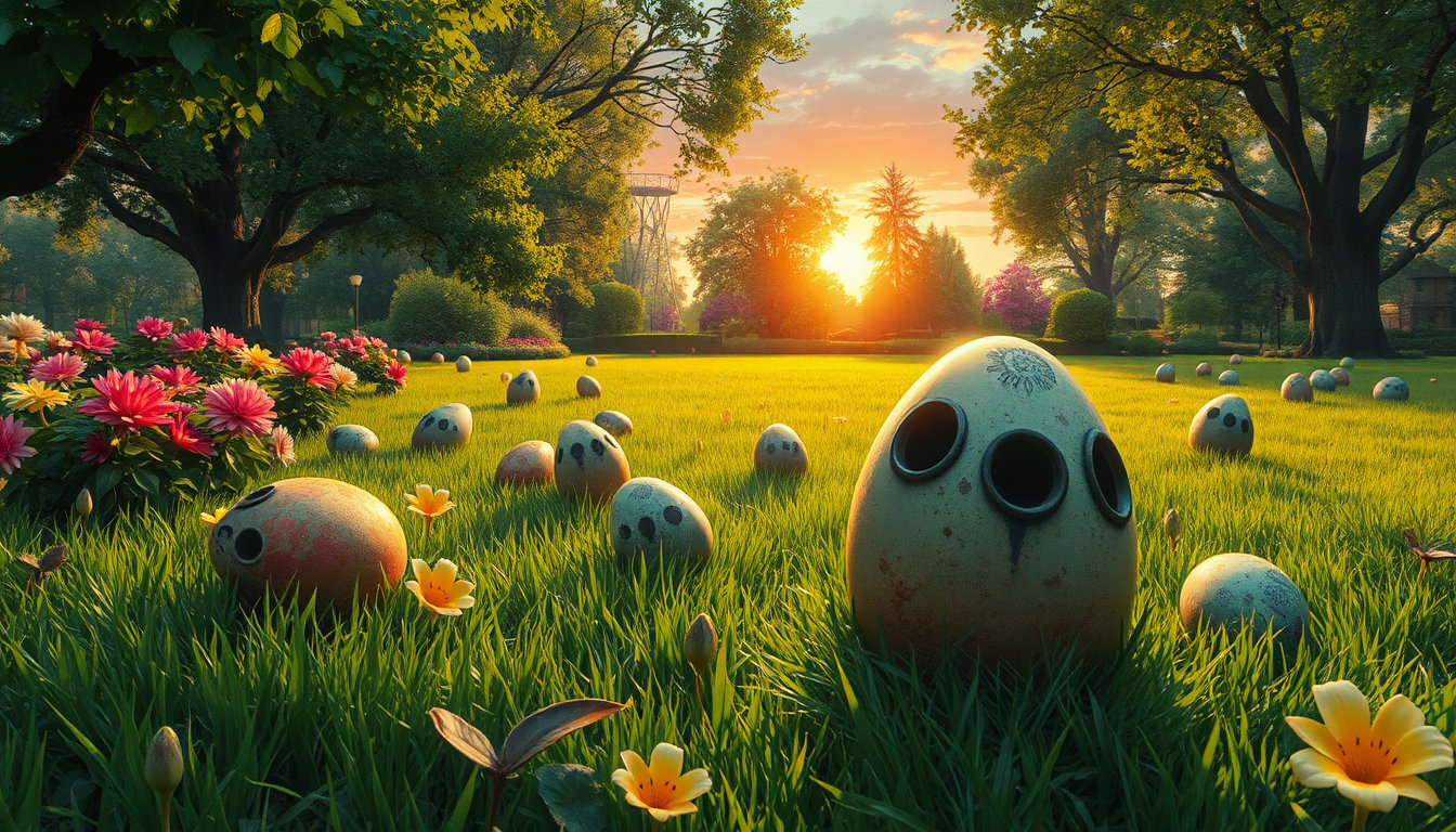 in the midst of a lush, vibrant victorian park, meticulously detailed with an emphasis on fine brushwork, layered glazes, and natural textures reminiscent of a traditional painterly medium, an assortment of eerie yet colorful alien eggs are scattered about on the meticulously manicured lawn. the atmosphere is set against a stunning high-contrast backdrop, as if plucked straight from the vibrant pages of an 80s graphic novel, with an unmistakable flair for dramatic storytelling and a keen sense of composition, all while adhering to the quintessential artistic vision of j.c. leyendecker. against this lush, green scenery, clusters of these bizarre, otherworldly orbs are scattered about, some partially buried beneath the lush blooms of vibrant flowers, adding an air of whimsical curiosity to the scene. the overall aesthetic, as if crafted by a master of digital oil painting, is hyper-realistic, with an emphasis on capturing the intricate play of light and shadow, as if the scene is bathed in the warm, golden glow of a setting sun. the entire scene, from the intricate brushstrokes to the delicate petals of the flowers, is infused with a mesmerizing quality, as if plucked straight from the realm of conceptual art, where imagination knows no bounds.