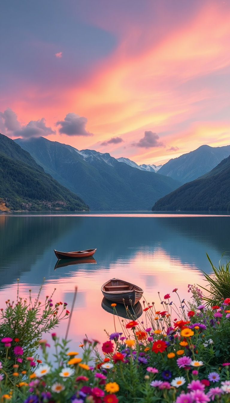 Create a serene landscape at sunrise, showcasing a tranquil lake nestled among lush green mountains. The sky is painted in soft pastel colors—pinks, purples, and light blues—while a few fluffy clouds lazily drift across it. In the foreground, vibrant wildflowers bloom in a variety of colors along the water's edge, adding to the peaceful atmosphere. A small wooden boat floats gently on the lake, its reflection mirroring the stunning hues of the sky. Capture the essence of tranquility and the beauty of nature waking up to a new day. Create a serene landscape at sunrise featuring a tranquil lake surrounded by lush green mountains. Soft, pastel colors fill the sky as a few fluffy clouds drift by. In the foreground, include colorful wildflowers blooming by the water's edge, with a small wooden boat gently floating on the lake, reflecting the stunning colors of the sky.