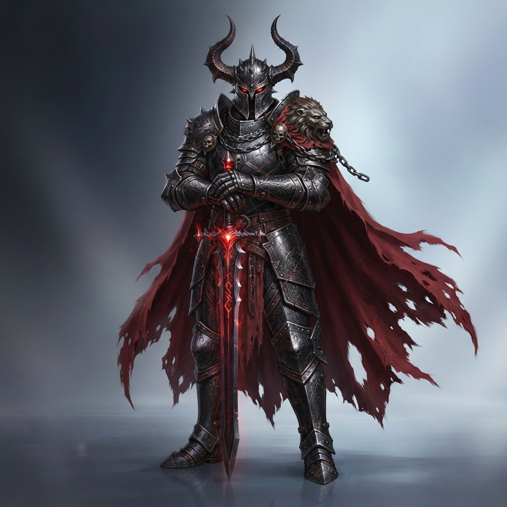 a dark armored knight character with a horned helm, black steel plate and a tattered crimson cloak, full body original character design, clean soft gradient studio background, vibrant, crisp high detail, digital illustration, no text, no words, no watermark
