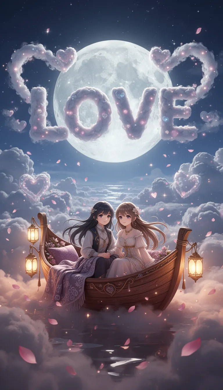 A dreamy 3D render anime-style couple sitting together inside a magical wooden boat floating through glowing clouds beneath a giant full moon, enormous cloud letters spelling “LOVE” across the night sky, fluffy heart-shaped clouds surrounding the moon, cinematic moonlight reflections across the clouds, romantic fantasy atmosphere, soft glowing lanterns attached to the boat, floating pink flower petals drifting through the air, ultra detailed cloud textures, deep blue night sky mixed with soft purple and silver tones, anime-inspired characters with expressive eyes and flowing hair, cosy blankets and elegant outfits, warm ambient lighting, magical dreamy mood, highly detailed 3D render, realistic lighting, Unreal Engine style, Octane render, volumetric clouds, cinematic composition, vertical 9:16 aspect ratio, ultra high detail, fantasy romance aesthetic