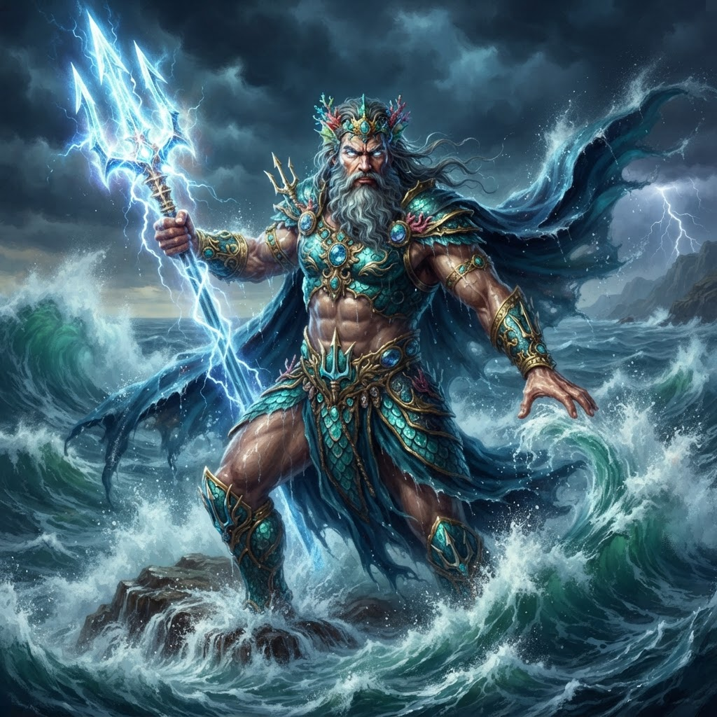 original character Greek god of the sea, powerful bearded deity holding a glowing trident, ocean waves