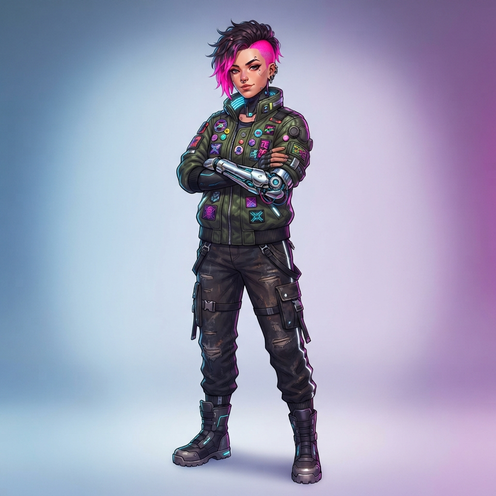 an original cyberpunk character, a young woman with neon pink undercut hair and a chrome prosthetic arm, wearing a zipped up patched bomber jacket and cargo pants, arms crossed, no weapons, full body original character design, clean soft gradient studio background, vibrant, crisp high detail, digital illustration, no text, no words, no numbers, no watermark