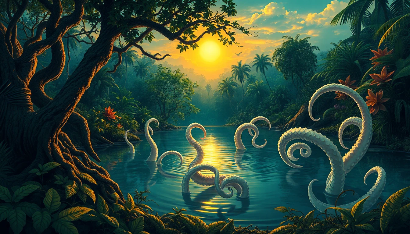 in a haunting yet mesmerizing environment, a serene and mystical jungle pond is set amidst a lush tapestry of verdant foliage, with gnarled tree trunks twisting towards the sky and vines snaking across the water's edge. the atmosphere is heavy with the scent of blooming flora and the distant calls of exotic birds, yet an air of foreboding pervades the scene. rising from the pond's depths, a horde of pale, almost translucent tentacles stretch towards the surface, their delicate tips quivering in the gentle breeze like the tentative fingers of a ghostly pianist. the sun casts long, ominous shadows across the landscape, with the late afternoon light imbuing the entire scene with a rich, golden warmth that only serves to heighten the sense of unease. in the background, the jungle landscape unfolds with a sense of dynamic realism, with sweeping vistas of trees and vegetation that seem to stretch on forever. the colors are rich and saturated, with deep blues and greens clashing with the vibrant yellows and oranges of the setting sun. at the water's edge, the jungle vegetation is depicted with meticulous attention to detail, with layered glazes and fine brushwork that evoke the soft, tactile quality of real oil paint. the painterly finish is textured and organic, with the soft focus of a digital oil painting blending seamlessly into the sharp, high-contrast details of the characters in the foreground. and in the midst of this eerie setting, a few strands of those ghostly tentacles break the surface of the water, curling and unfurling in a mesmerizing dance that seems almost otherworldly. the entire image is rendered in high contrast colors, with deep shadows and bright highlights that evoke the dramatic flair of an 80s graphic novel. and yet, beneath the surface of this haunting scene, a deep sense of beauty and wonder lingers, a testament to the enduring power of the jungle to captivate and inspire the human imagination.