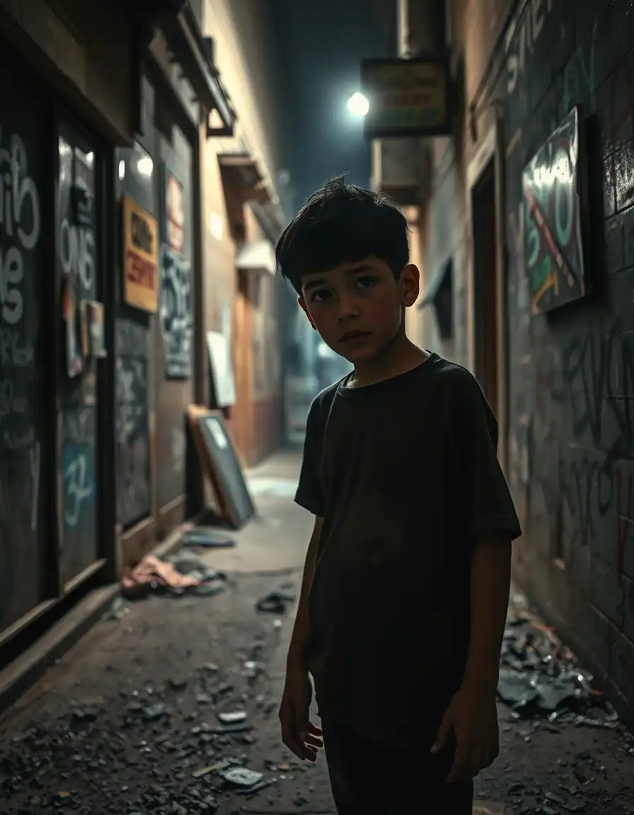 Neglected young boy standing near a dark alley filled with crime signs like drugs, knives, and graffiti, looking lost — dramatic lighting, cinematic HDR style