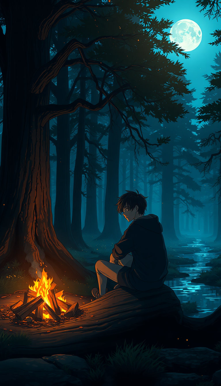 Ultra detailed cinematic anime illustration EXACTLY in the same emotional and visual style as the reference image, lonely anime young man sitting quietly on a wooden log deep inside a peaceful forest at night, massive ancient trees surrounding him, messy black hair, oversized dark hoodie, calm reflective expression, small campfire beside him casting warm orange glow on his face, soft fire sparks floating in air, deep blue moonlight filtering through tree branches, glowing fireflies everywhere, misty forest atmosphere, small river reflecting moonlight nearby, emotional solitude, peaceful silence, minimal cinematic composition, atmospheric depth, warm orange and cool blue lighting contrast, dreamy anime movie aesthetic, Makoto Shinkai inspired lighting, ultra detailed anime background, soft shadows, masterpiece quality, 9:16 vertical wallpaper style
Negative prompt:
extra people, crowded forest, daylight, fantasy creatures, action pose, cyberpunk elements, blurry face, distorted anatomy, cartoonish style, text, watermark, low quality, exaggerated anime eyes, cluttered background